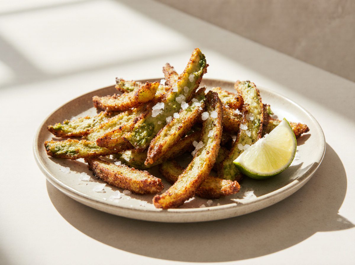 Krosse Avocado-Fries aus der Heißluftfritteuse, perfekt für einen gesunden Snack.