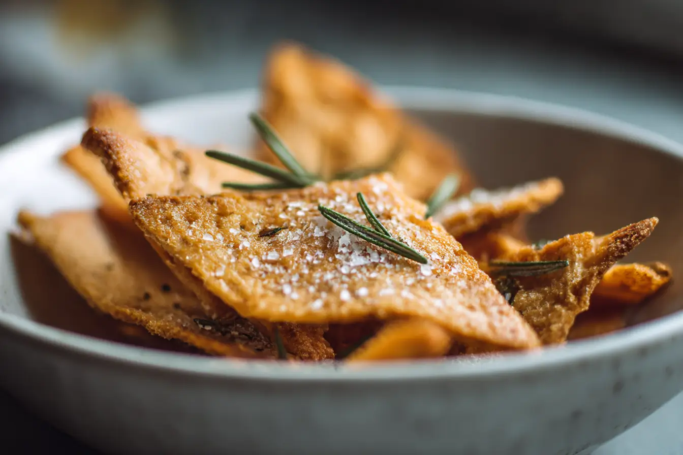 Knusprige Brotchips, perfekt zubereitet in der Heißluftfritteuse für einen gesunden Snack.