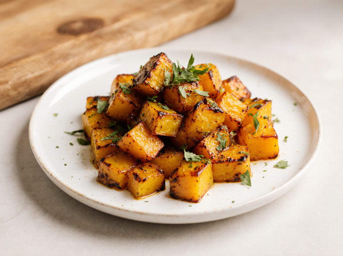 Gerösteter Butternut Kürbis in der Heißluftfritteuse mit köstlichen Gewürzen.