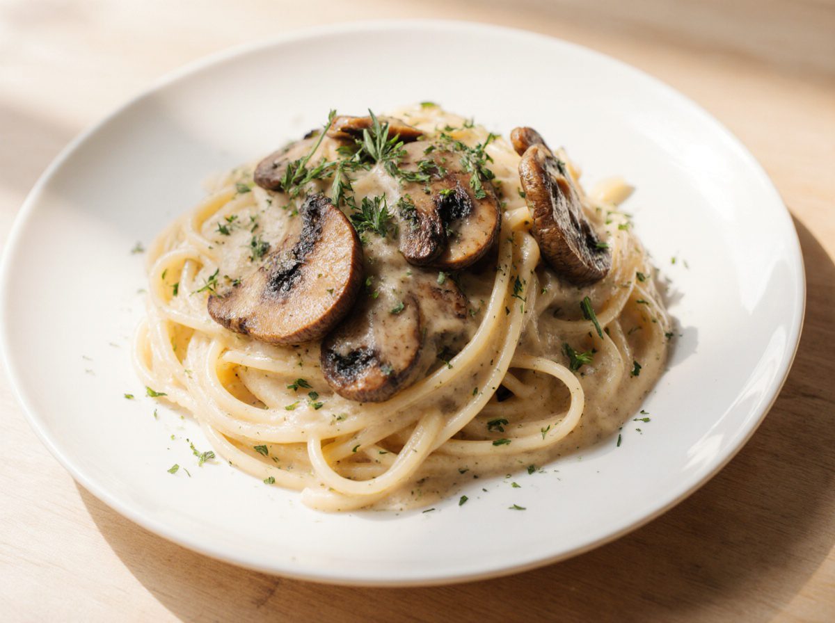 Leckere Champignon-Pasta aus der Heißluftfritteuse mit frischen Zutaten und perfektem Aroma.