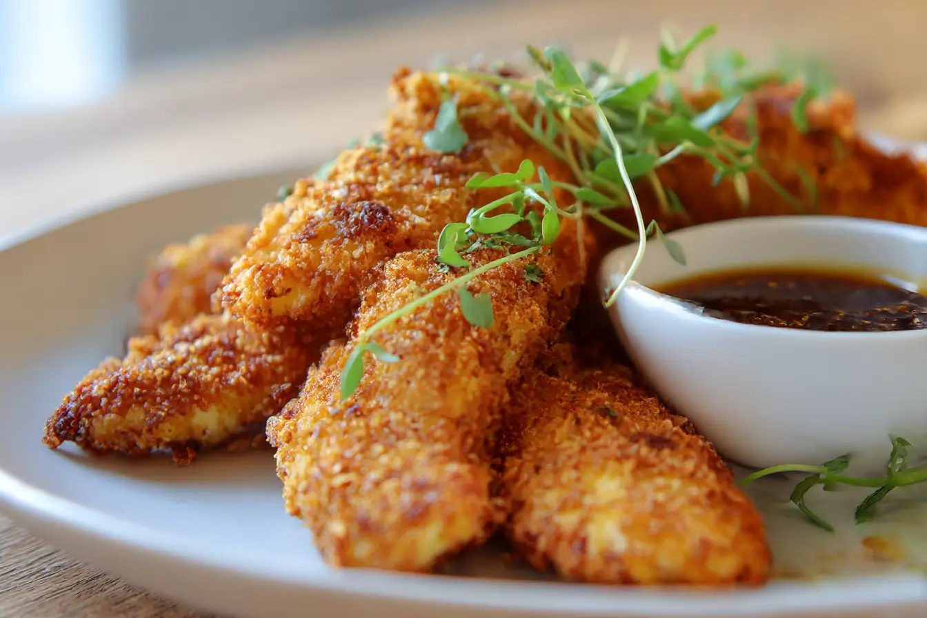 Knusprige Chicken Tenders aus der Heißluftfritteuse, perfekt für einen gesunden Snack.
