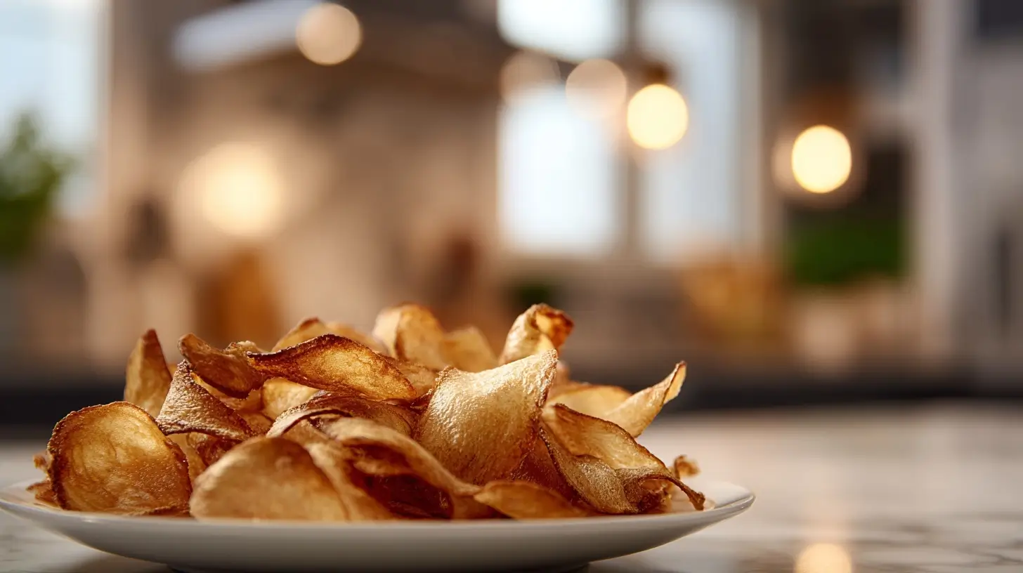 Krosse Chips aus Kartoffelschalen, zubereitet im Airfryer, perfekt für den Snack zwischendurch.