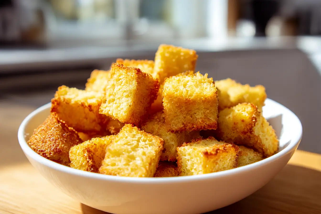 Krosse Croutons aus der Heißluftfritteuse, perfekt für jede Suppe oder Salat.