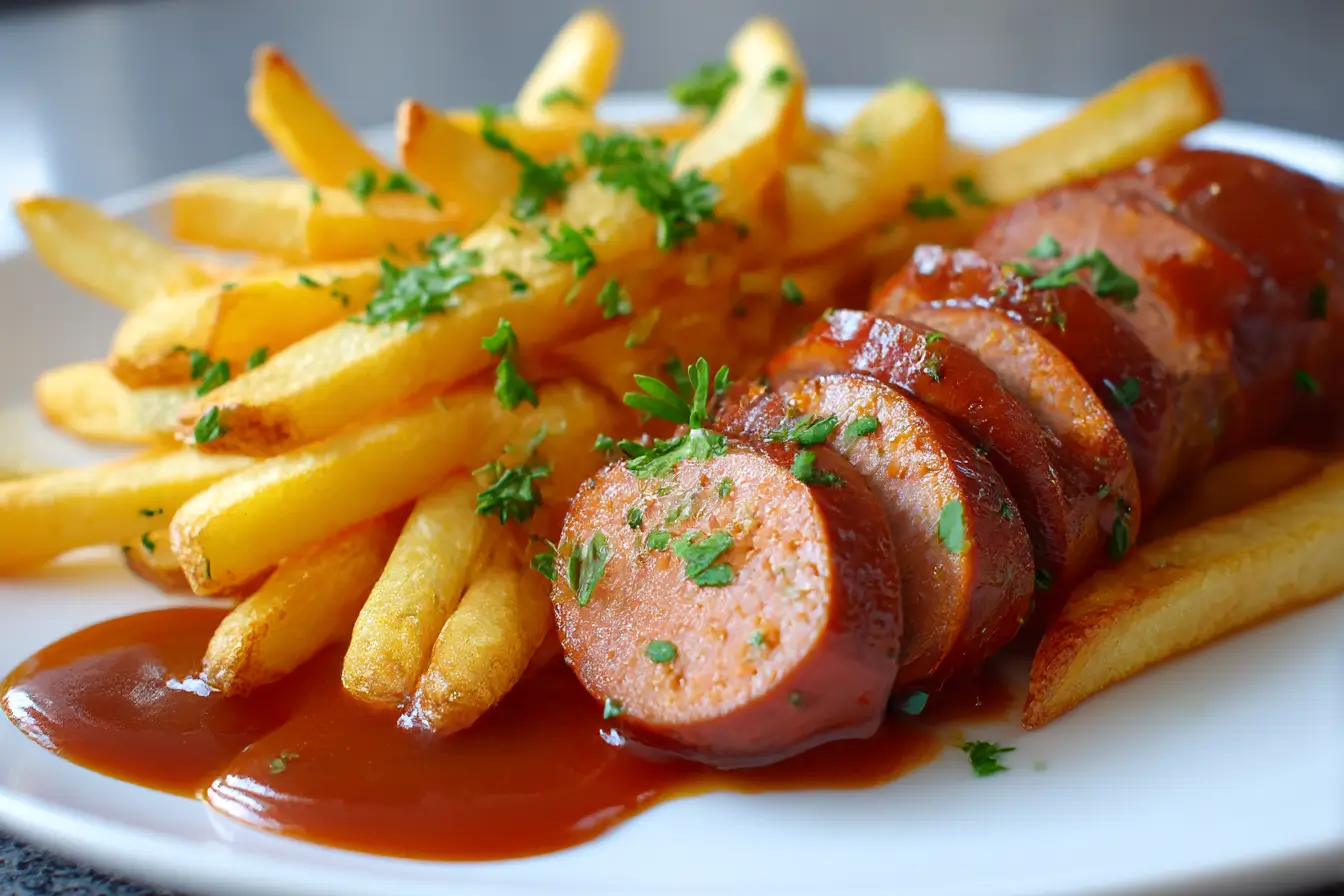 Leckere Currywurst mit knusprigen Pommes aus der Heißluftfritteuse, perfekt für einen schnellen Snack.