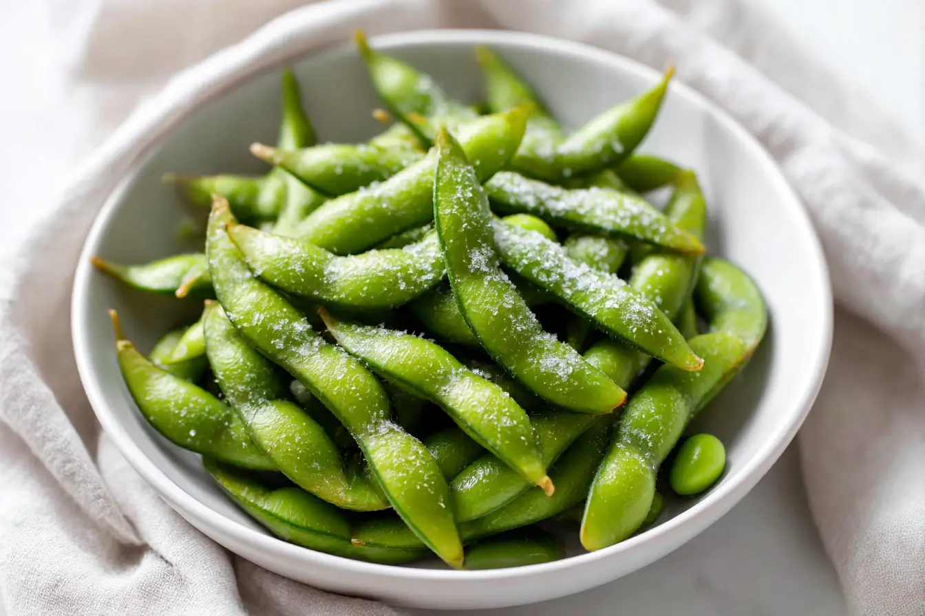 Perfekte Edamame, knusprig zubereitet in der Heißluftfritteuse für einen leckeren Snack.