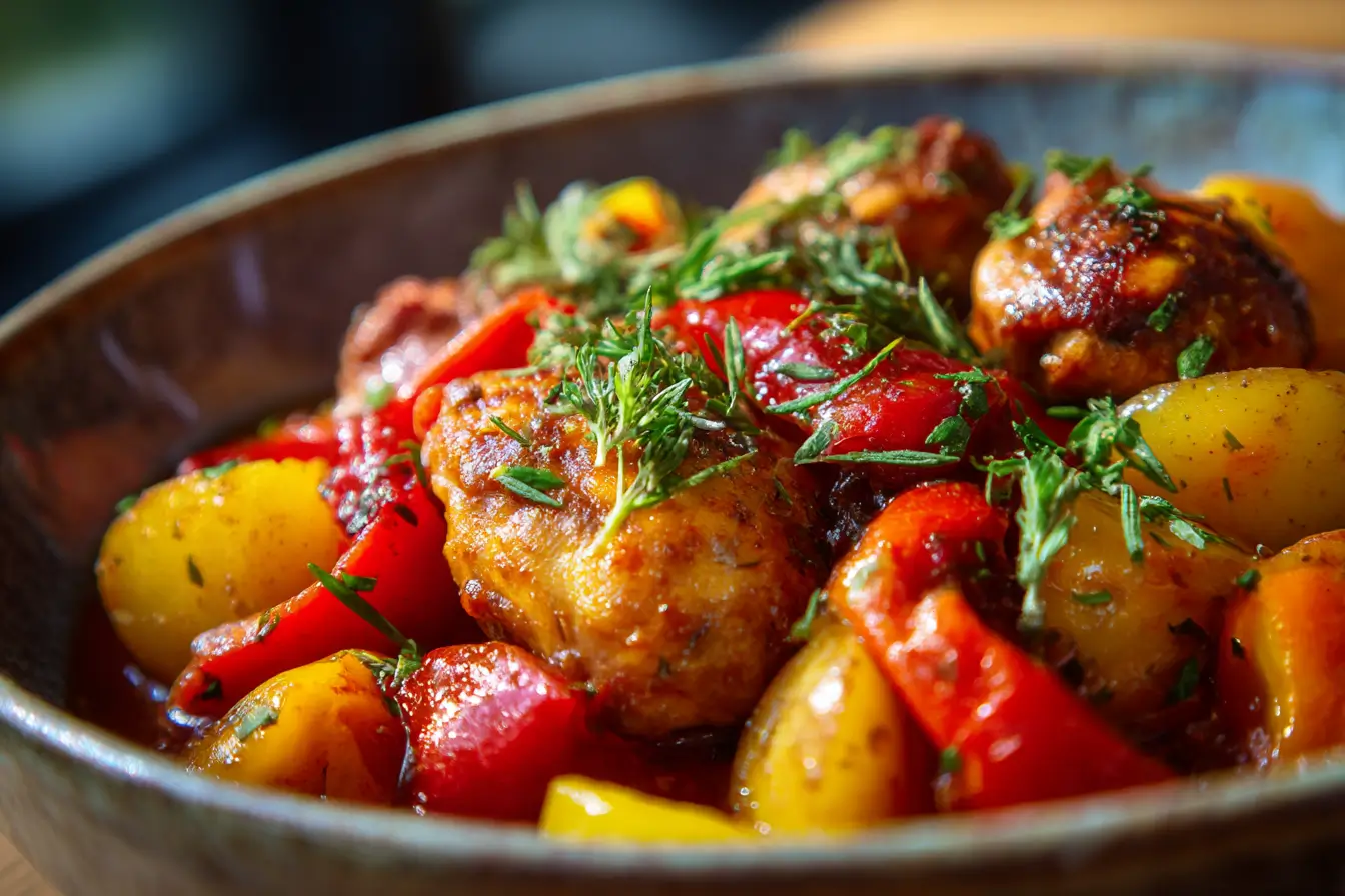 Herzhafter Eintopfgericht Spanische Pfanne aus der Heißluftfritteuse, reich an Aromen und Gemüse.