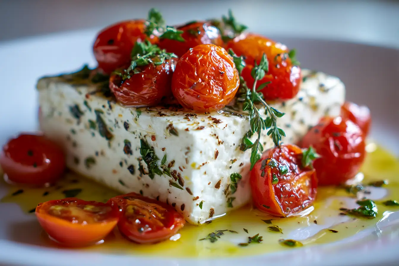 Köstliche Feta aus der Heißluftfritteuse mit saftigen Tomaten für ein perfektes Geschmackserlebnis.