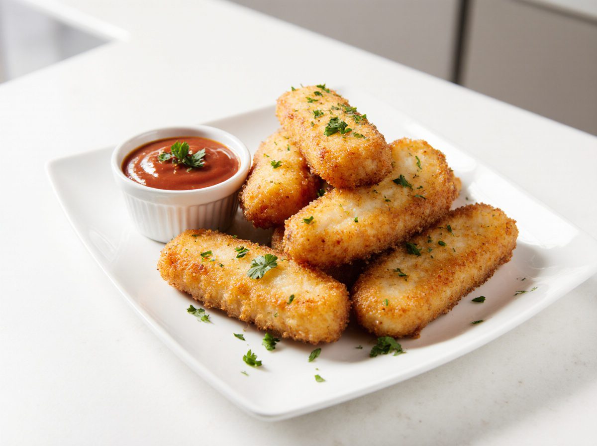 Köstliche Fischstäbchen aus der Heißluftfritteuse, perfekt knusprig gebraten.