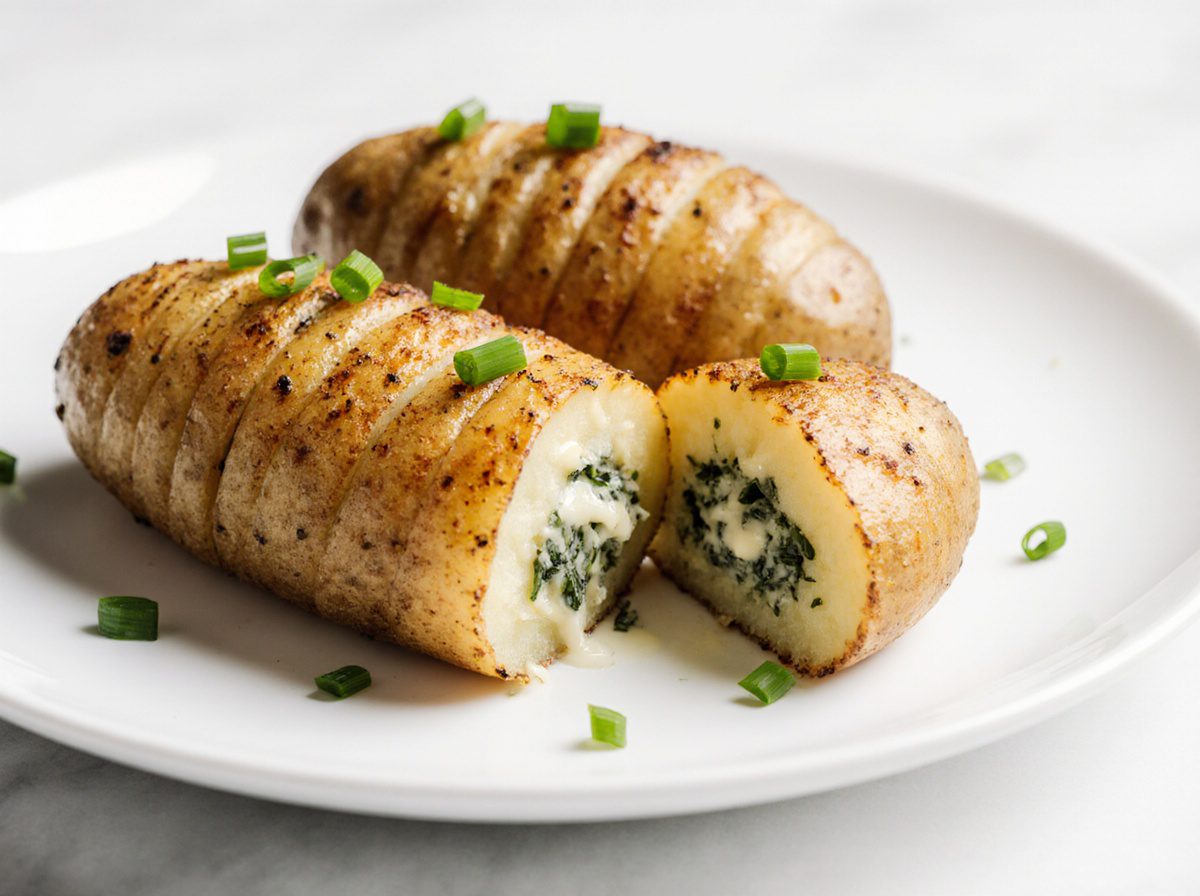 Gebackene gefüllte Kartoffeln im Airfryer, perfekt gewürzt und knusprig.