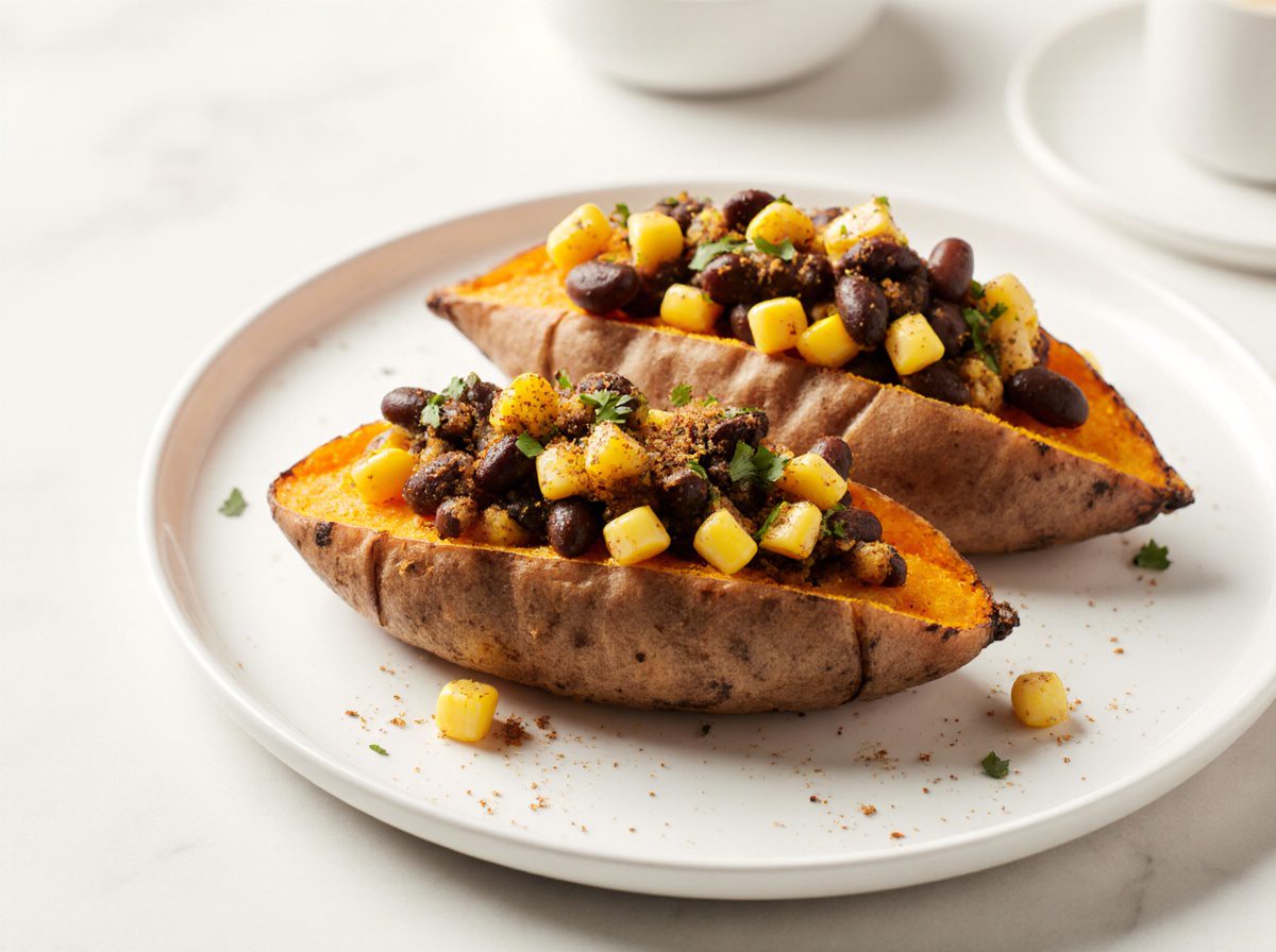 Köstliche gefüllte Süßkartoffeln im Airfryer, perfekt zubereitet für ein gesundes Abendessen.