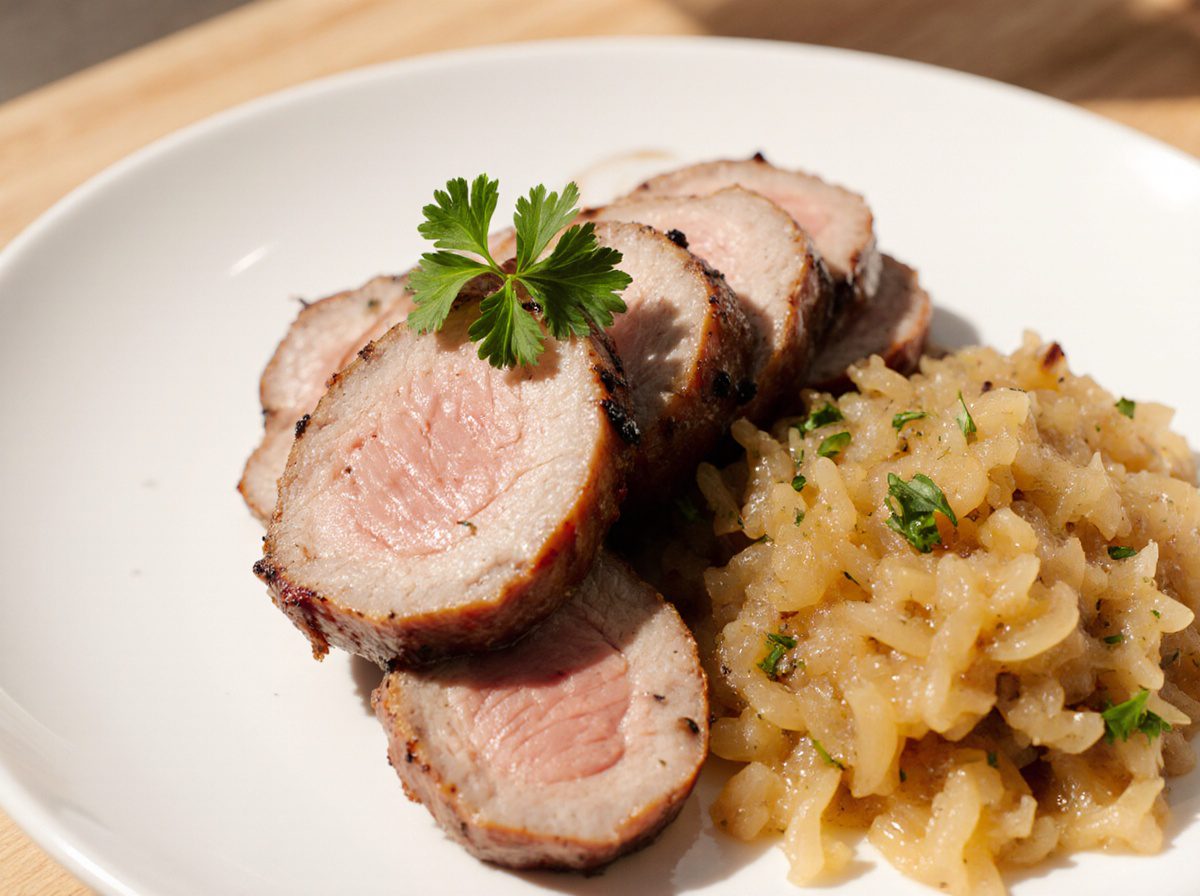 Saftiger Kassler mit aromatischem Sauerkraut, zubereitet in der Heißluftfritteuse für perfekte Konsistenz.