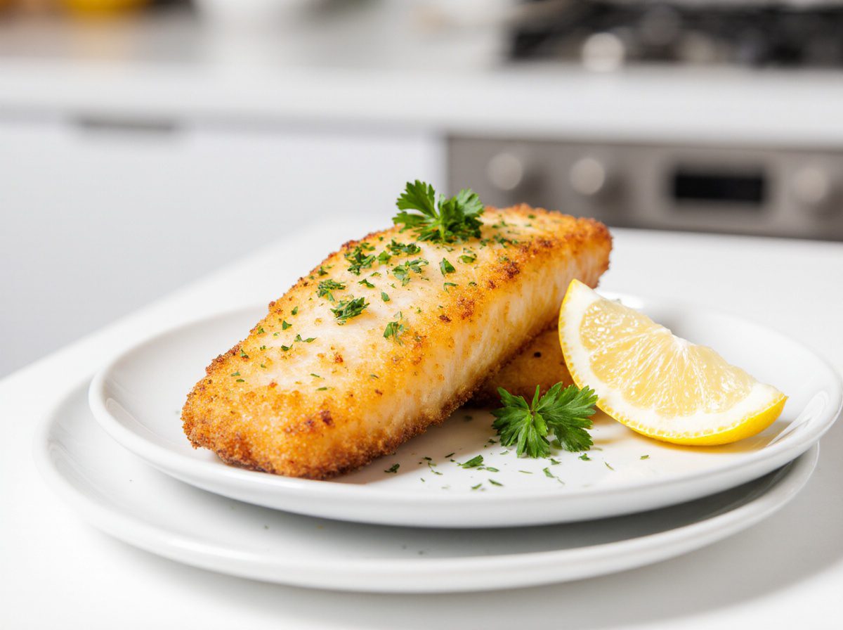 Knuspriger Backfisch aus der Heißluftfritteuse, perfekt für ein schnelles und schmackhaftes Abendessen.