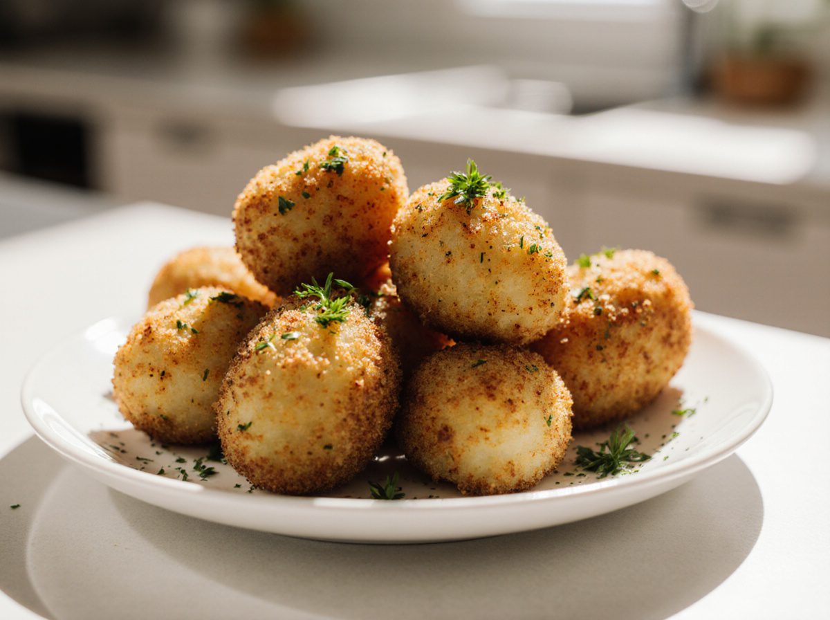 Krosse Kroketten aus Kartoffelbrei, zubereitet im Airfryer für einen gesunden Snack.