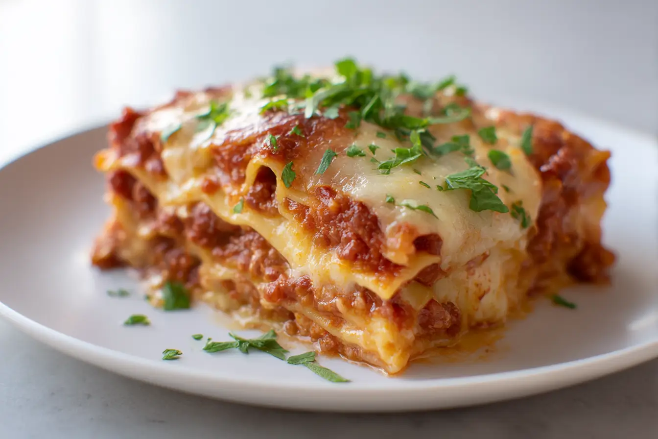 Leckere Lasagne aus der Heißluftfritteuse, perfekt gebräunt und voll im Geschmack.