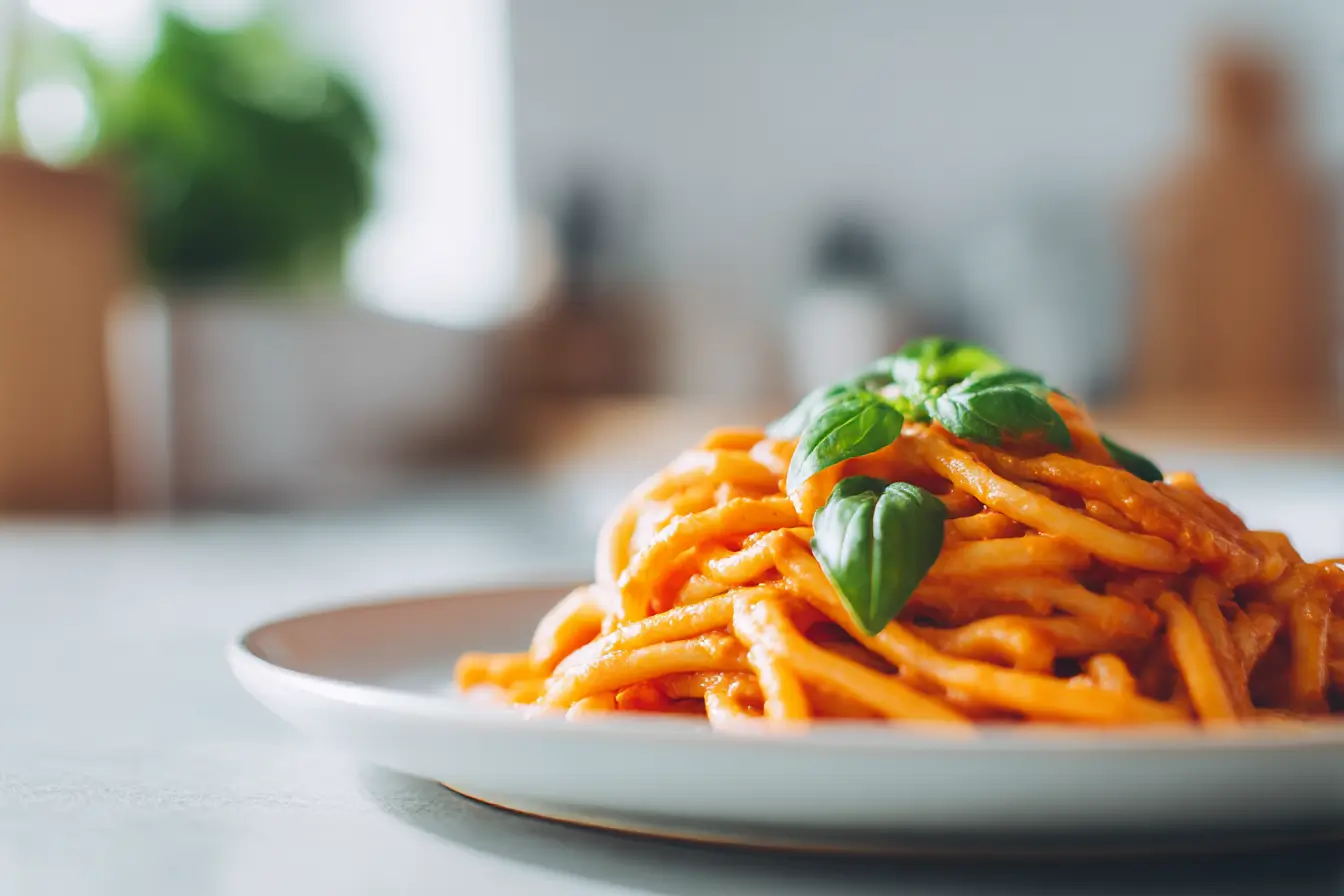 Leckere Pasta mit cremiger Tomatensauce aus der Heißluftfritteuse für ein schnelles Abendessen.