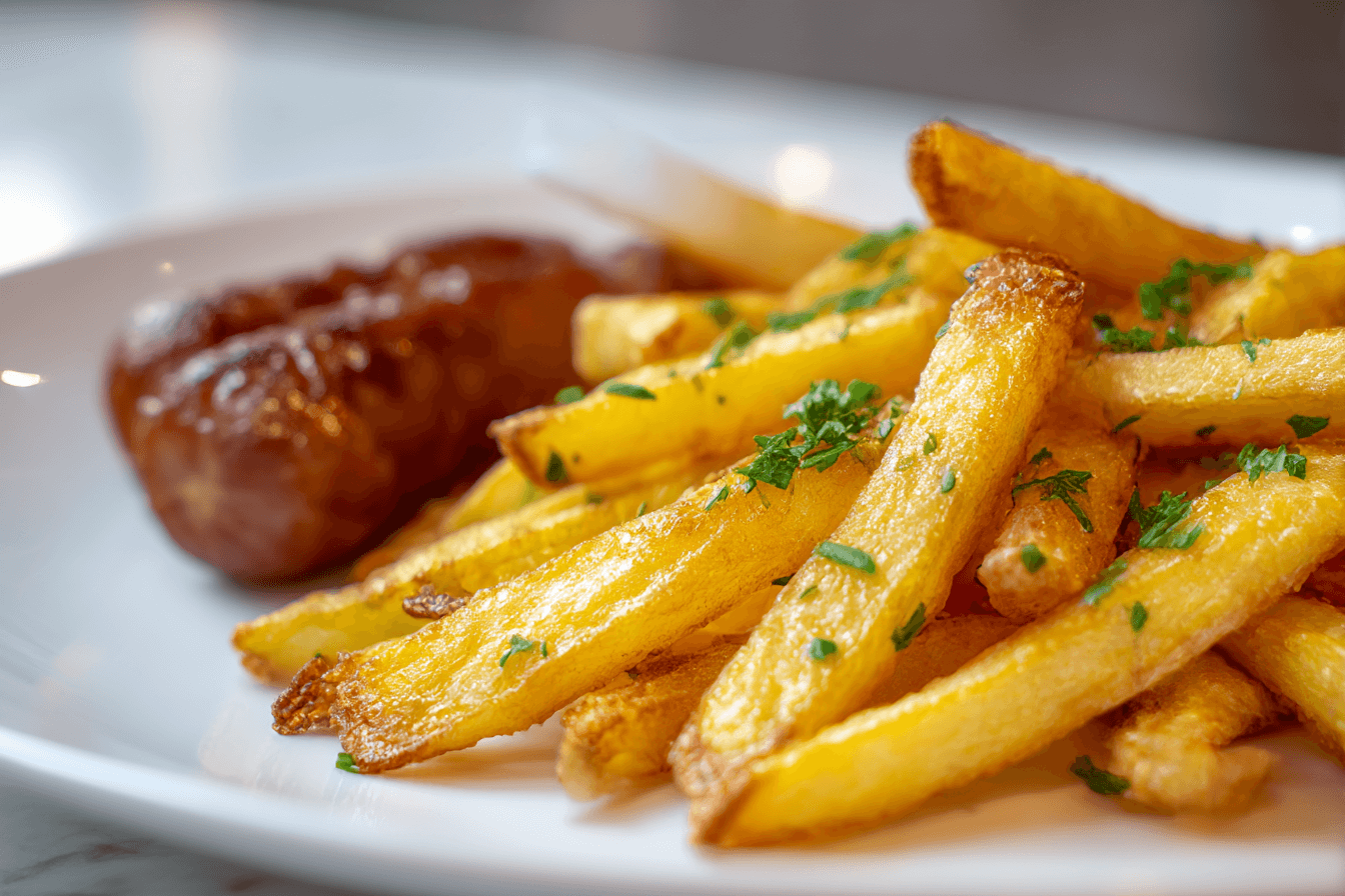 Leckere Pommes Bratwurst, knusprig zubereitet im Airfryer für einen einzigartigen Geschmack.