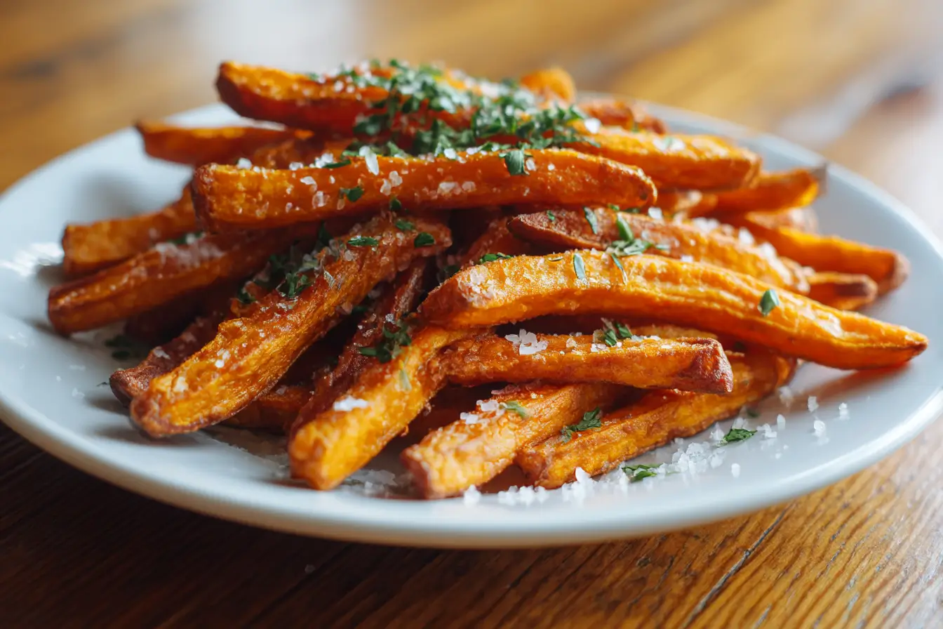 Knusprige Süsskartoffel Pommes aus der Heißluftfritteuse für gesunde Snacks.