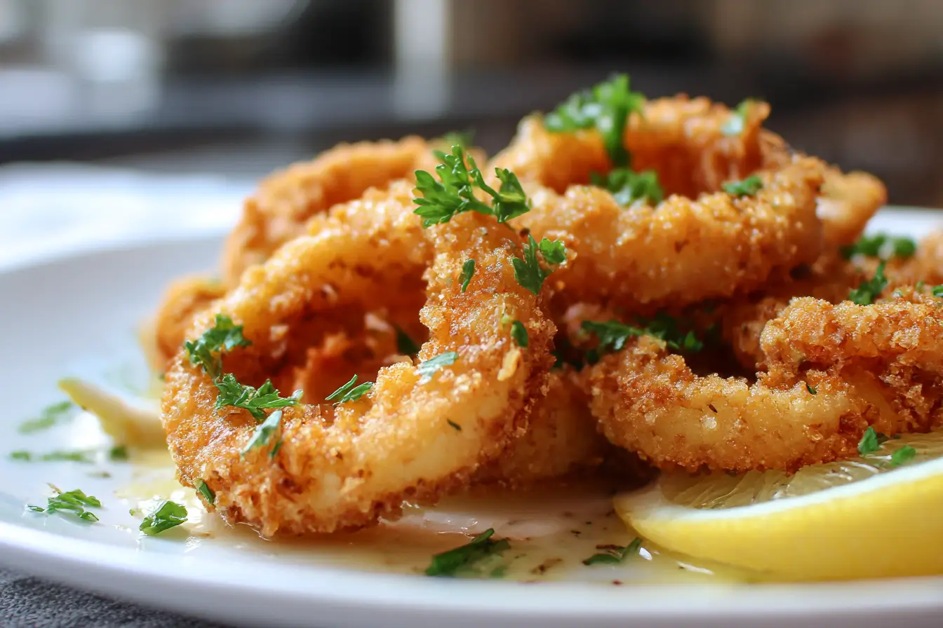 Knusprige Tintenfischringe aus der Heißluftfritteuse, perfekt für einen leckeren Snack.