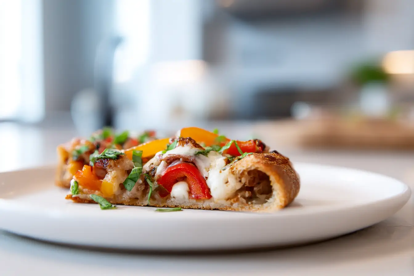 Köstliche Wrap-Pizza aus der Heißluftfritteuse mit frischem Gemüse und geschmolzenem Käse.