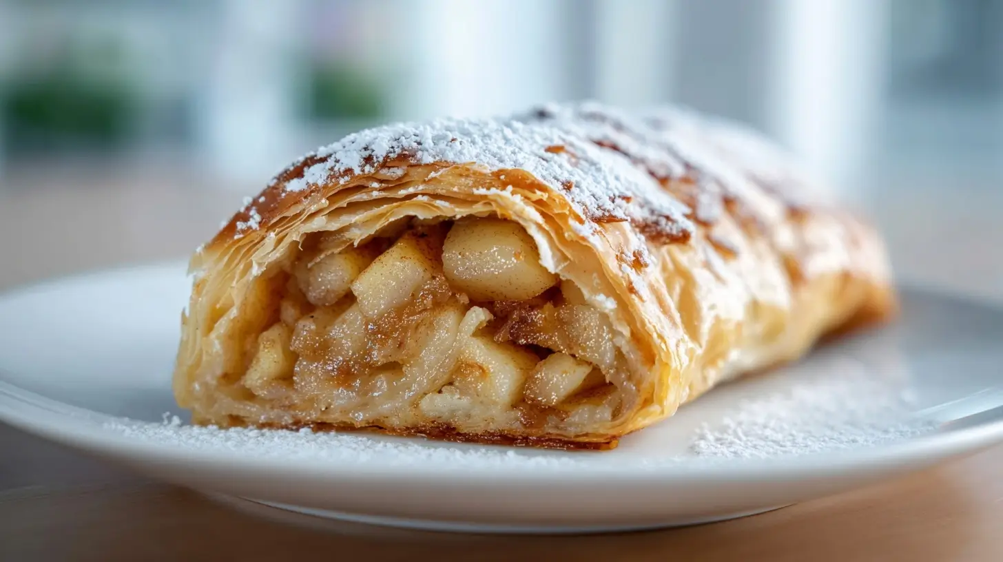 Leckeres Apfelstrudel im Airfryer mit goldener Kruste und saftigem Apfelfüllung.