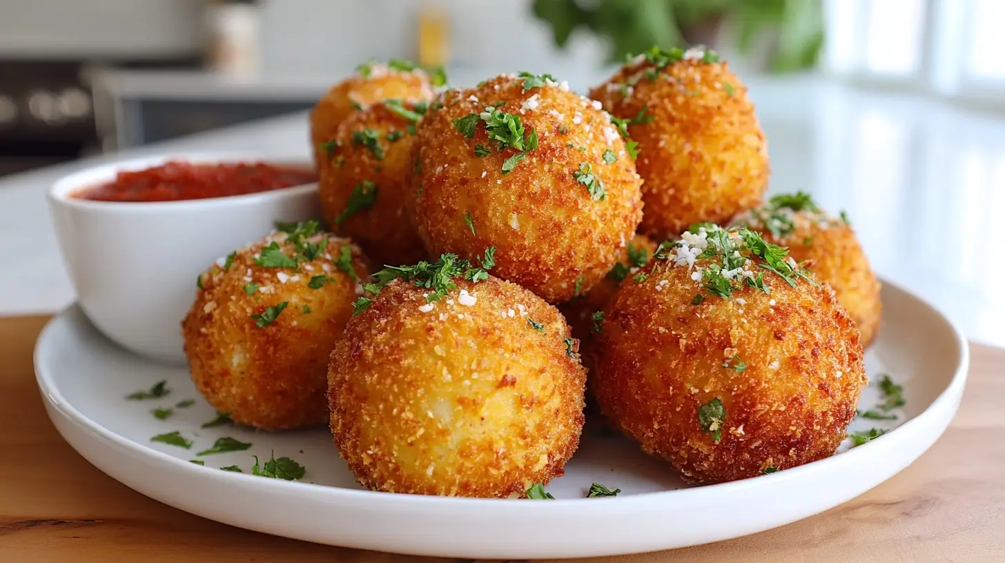 Knusprige Arancini aus der Heißluftfritteuse mit köstlicher Füllung.