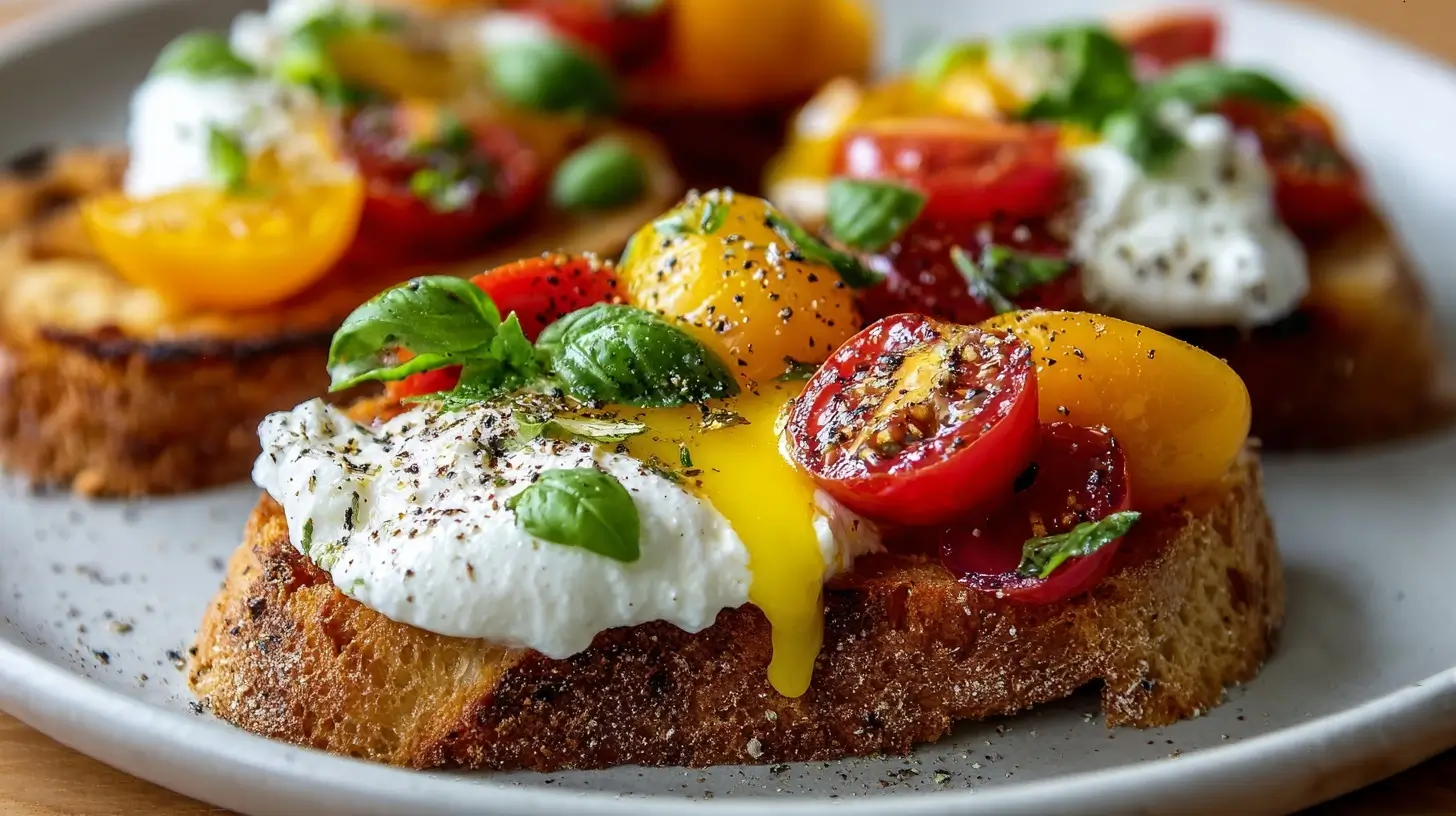 Leckere Burrata-Crostini aus der Heißluftfritteuse, perfekt für jede Feier.