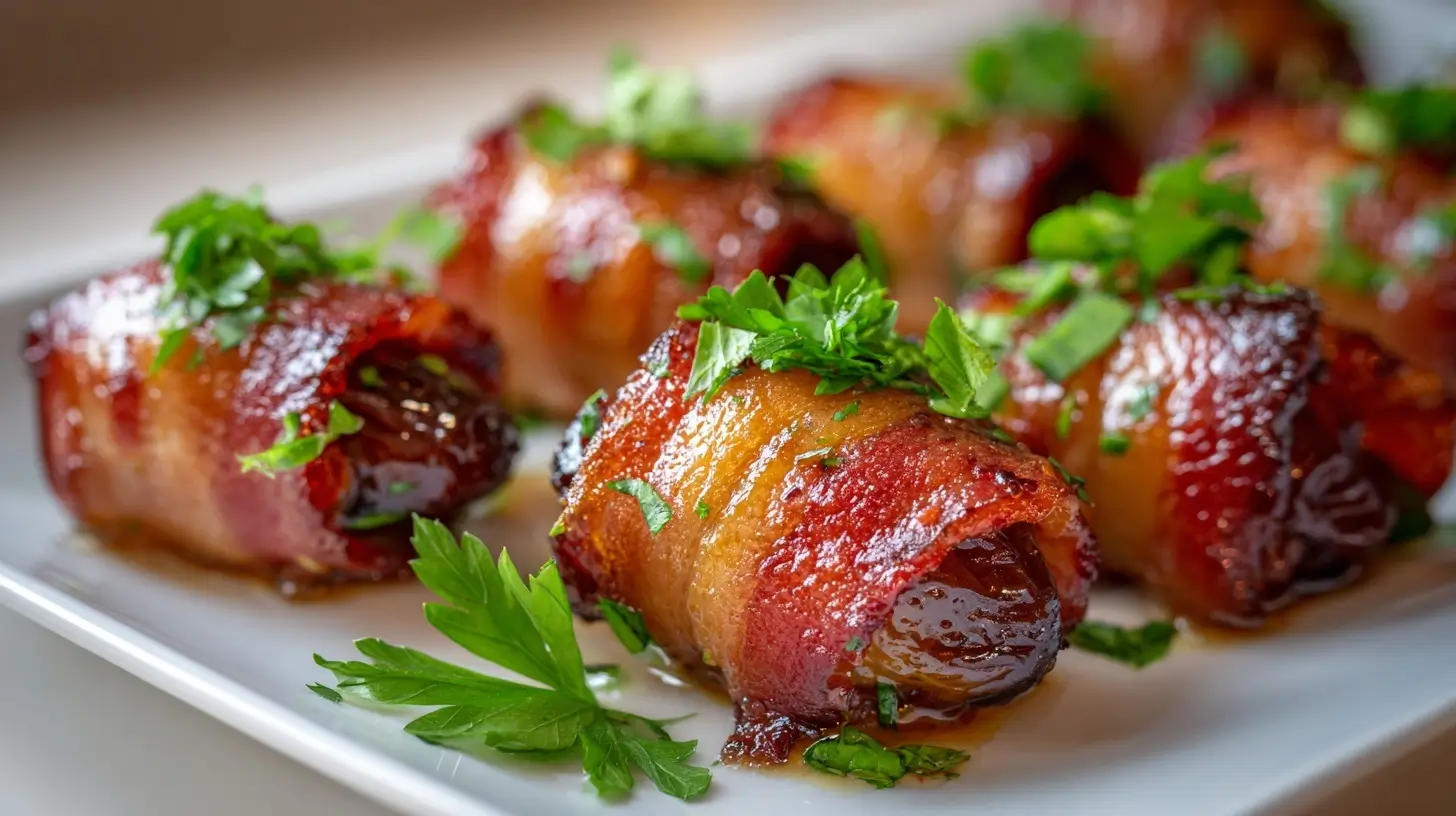 Köstliche Datteln im Speckmantel aus der Heißluftfritteuse, perfekt als Snack oder Party-Appetizer.