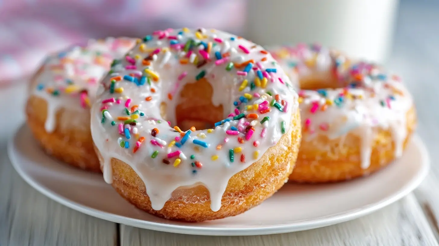 Leckere Donuts aus dem Airfryer mit knackiger Glasur und bunten Streuseln.
