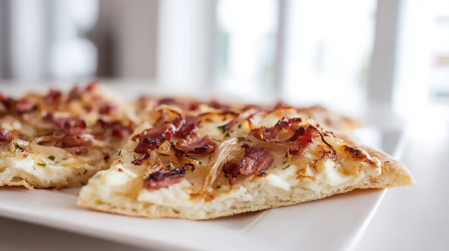 Köstliche Flammkuchen Pizza aus der Heißluftfritteuse mit frischen Zutaten.