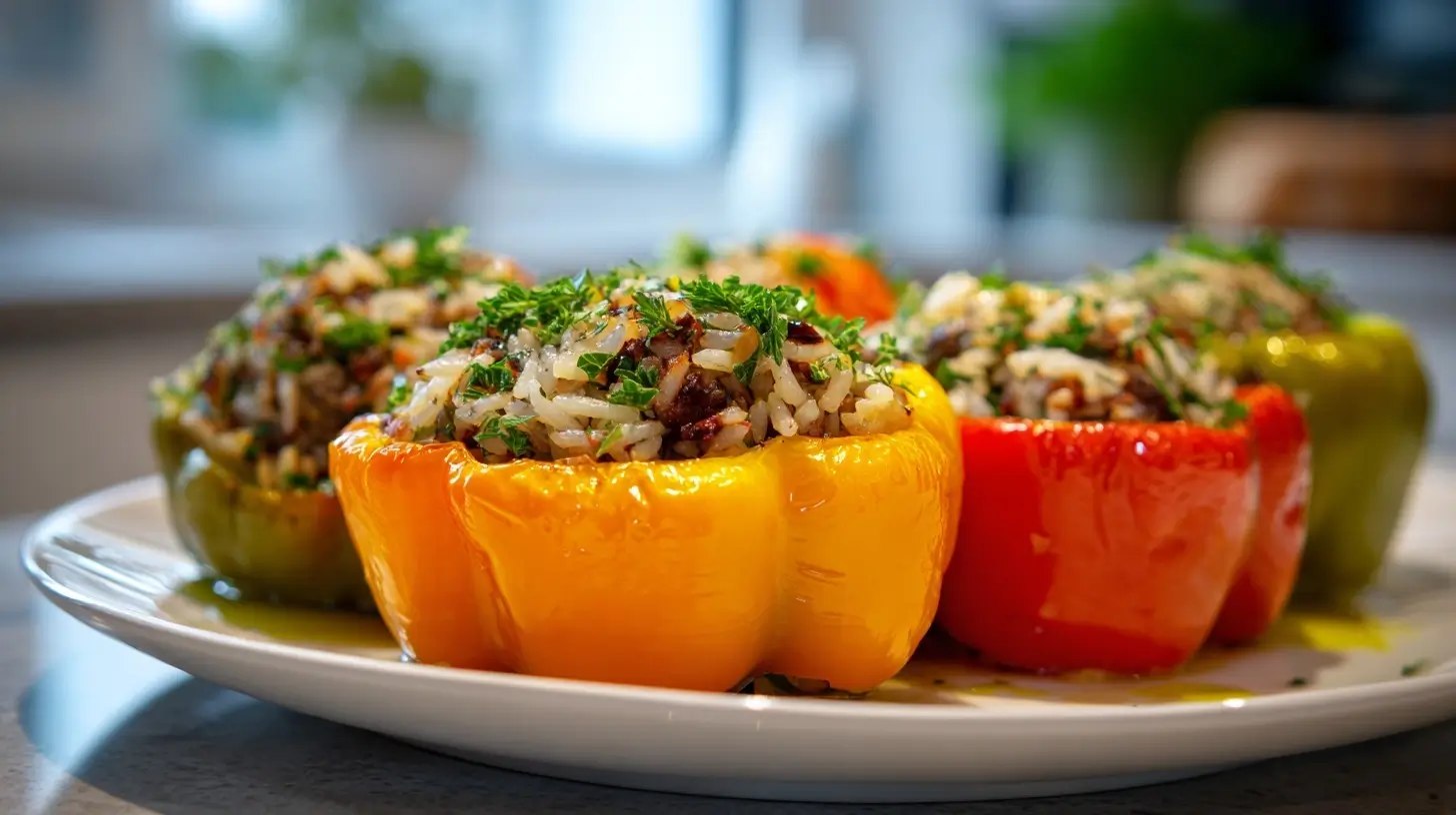 Leckere gefüllte Paprika aus der Heißluftfritteuse mit würziger Füllung und frischem Gemüse.