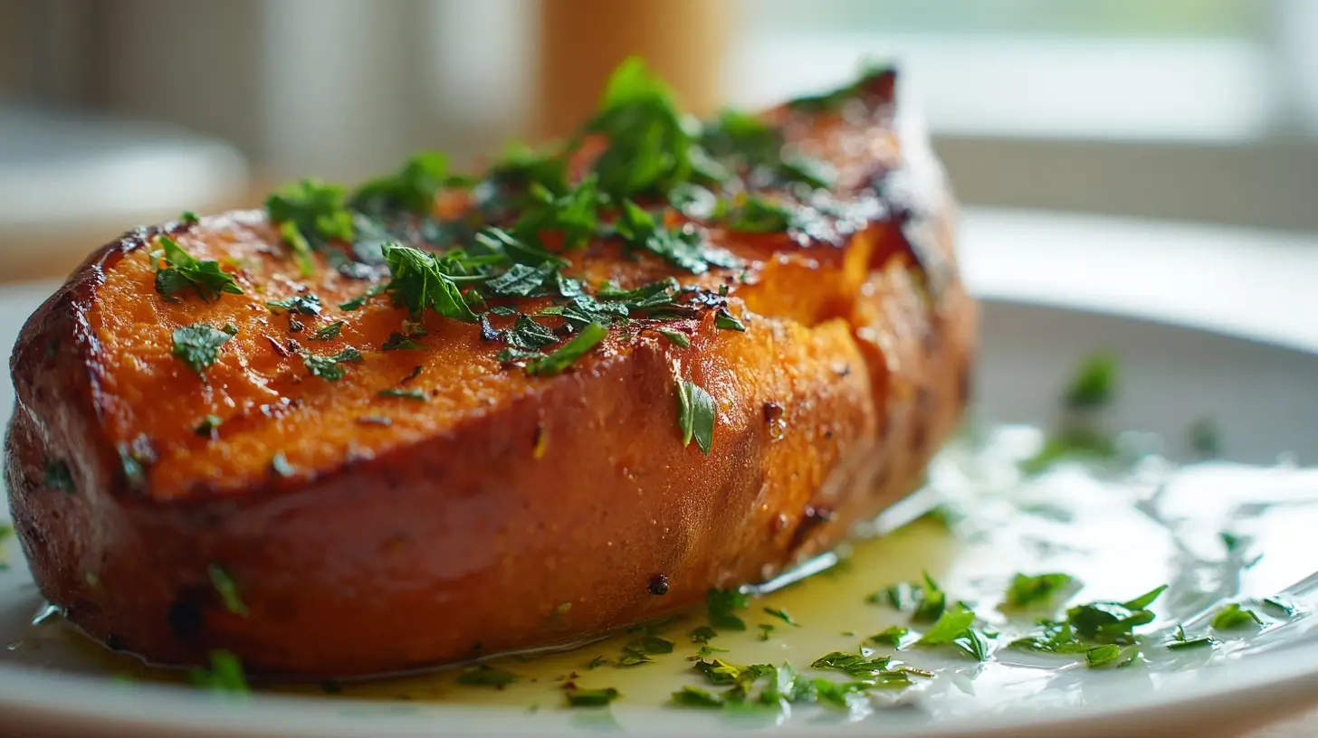 Leckere gepofte Süßkartoffel aus der Heißluftfritteuse, perfekt für jede Mahlzeit.