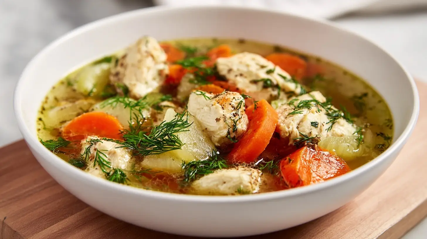 Leckere hausgemachte Hühnersuppe aus der Heißluftfritteuse, perfekt für kalte Tage.