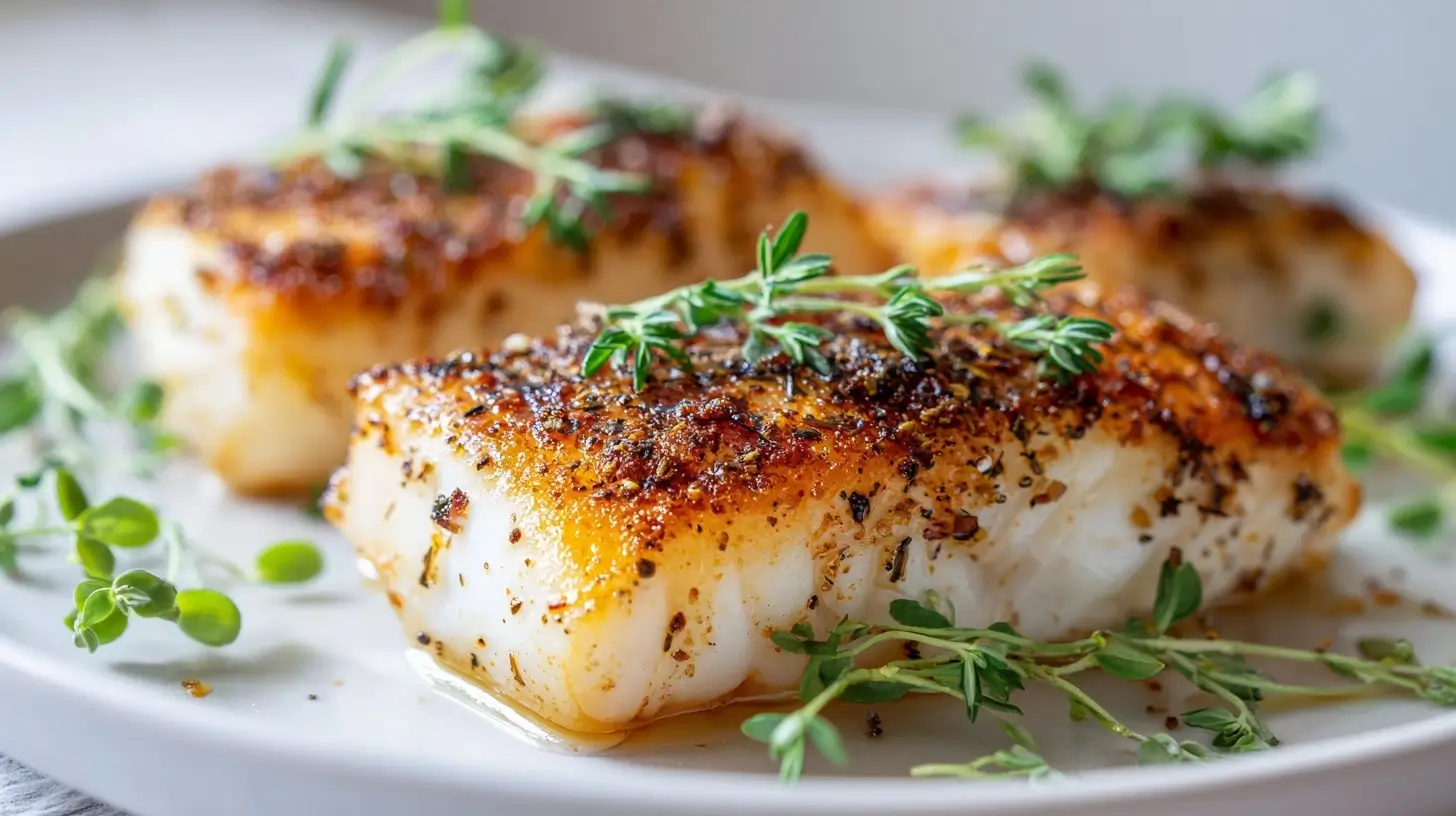 Saftiger Kabeljau im Airfryer, perfekt gewürzt mit frischen Kräutern für ein schmackhaftes Gericht.