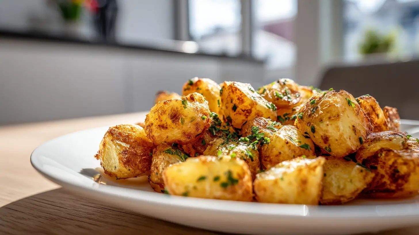 Goldene Kartoffeln, die in der Heißluftfritteuse perfekt knusprig gebraten sind.