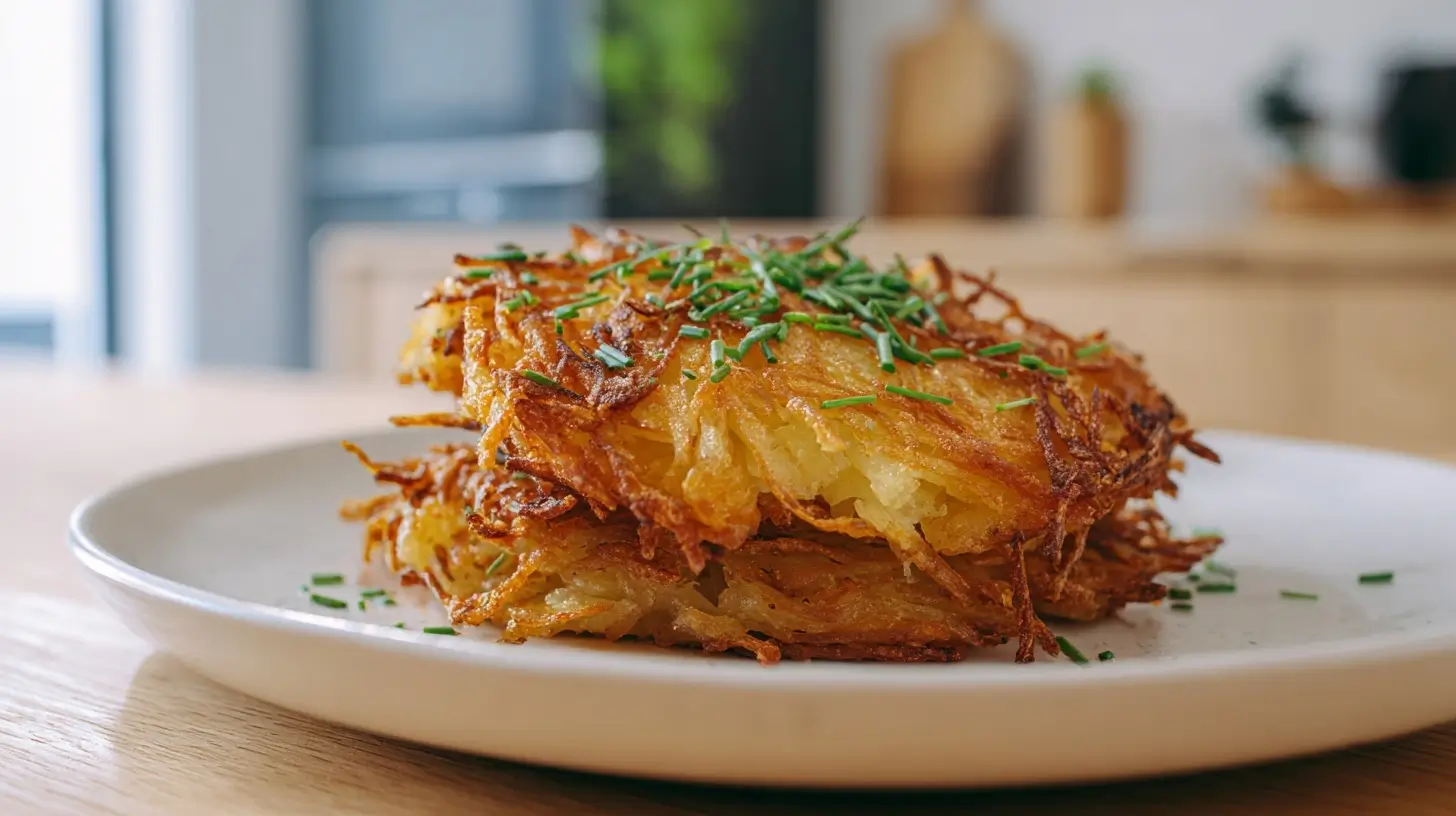 Knusprige Kartoffelrösti aus der Heißluftfritteuse mit goldbrauner Oberfläche.