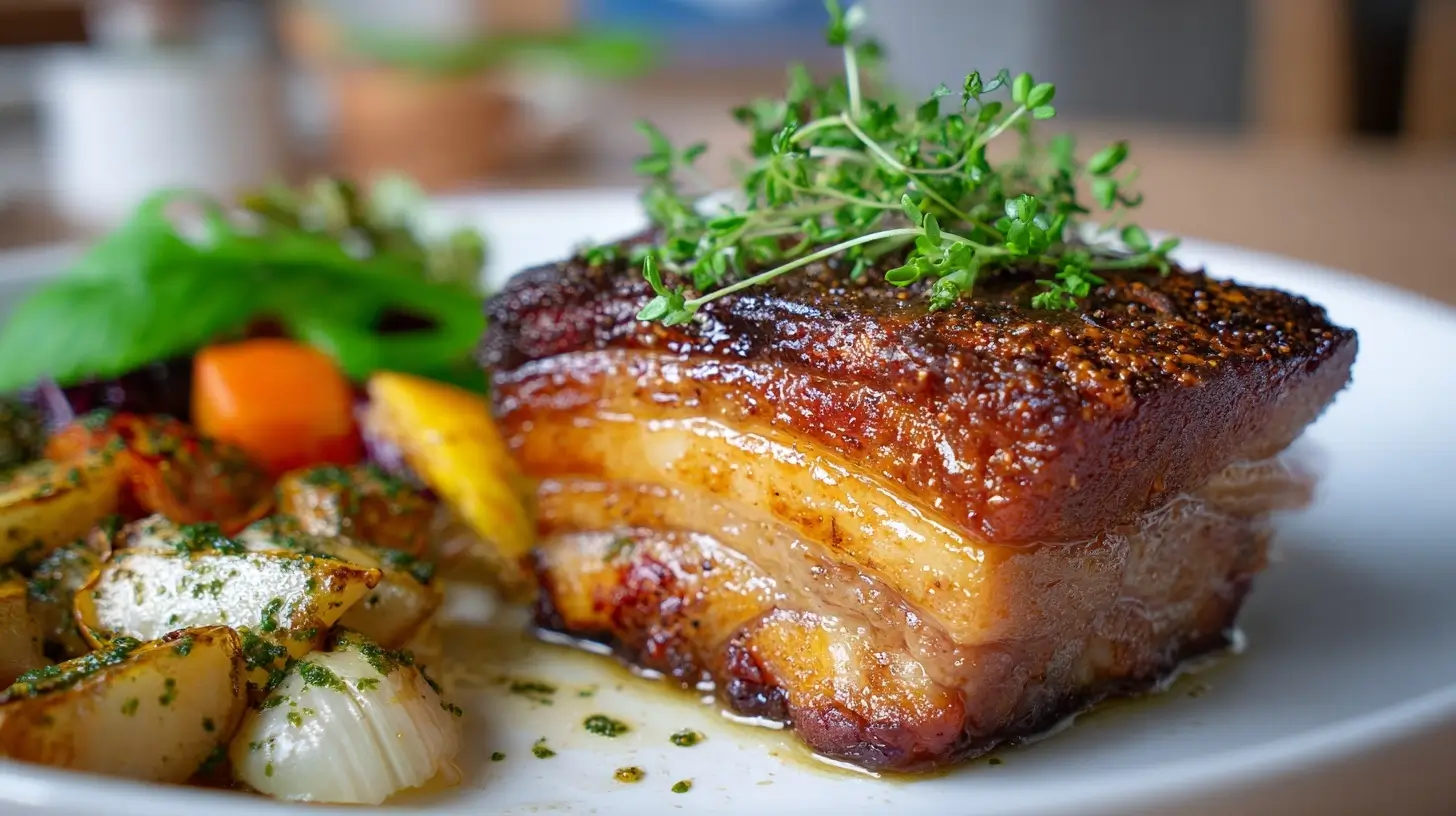 Knuspriger Schweinebauch aus der Heißluftfritteuse mit perfekter goldbrauner Kruste.