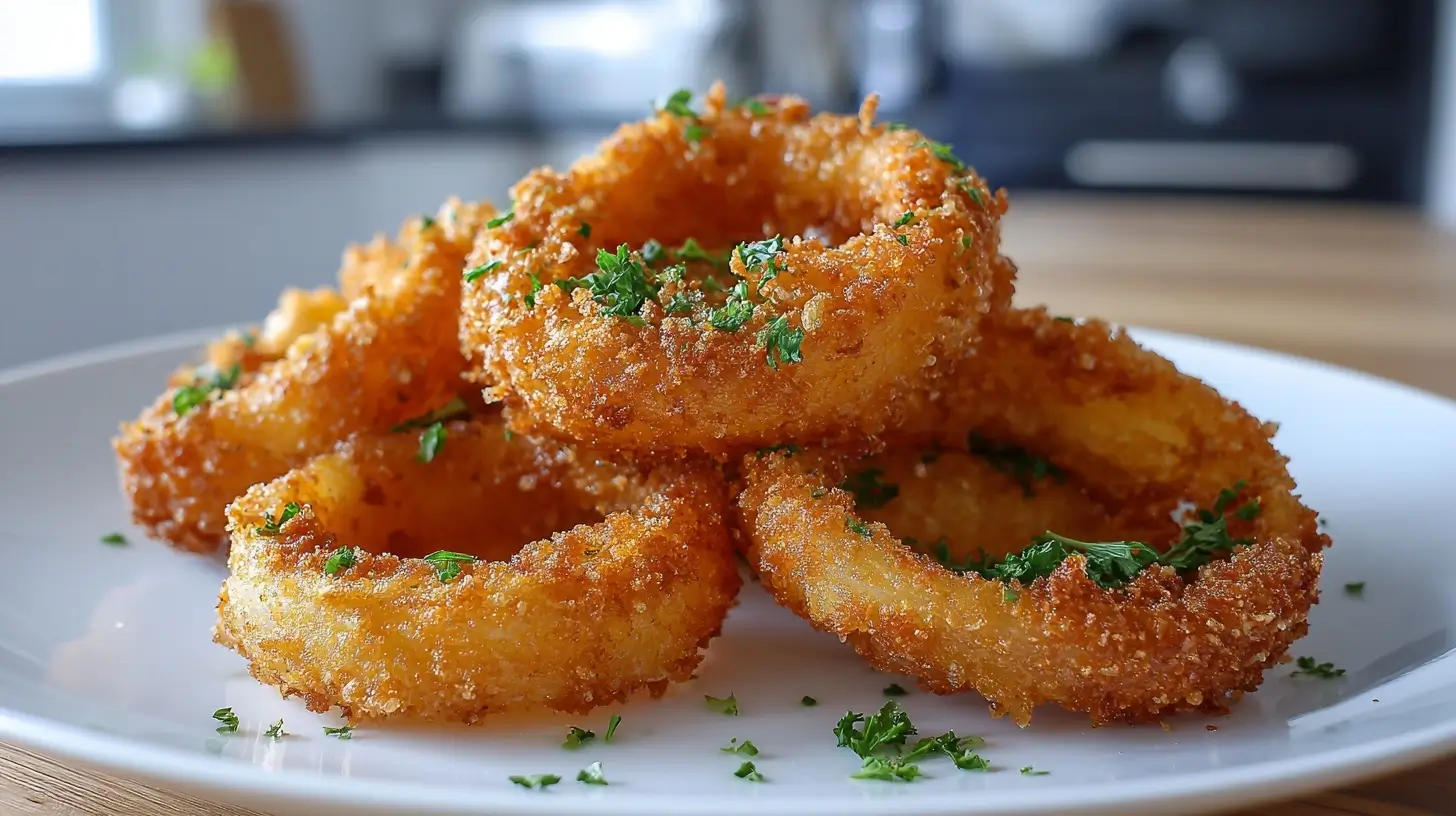 Krosse Zwiebelringe aus der Heißluftfritteuse – perfekt knusprig und lecker als Snack.