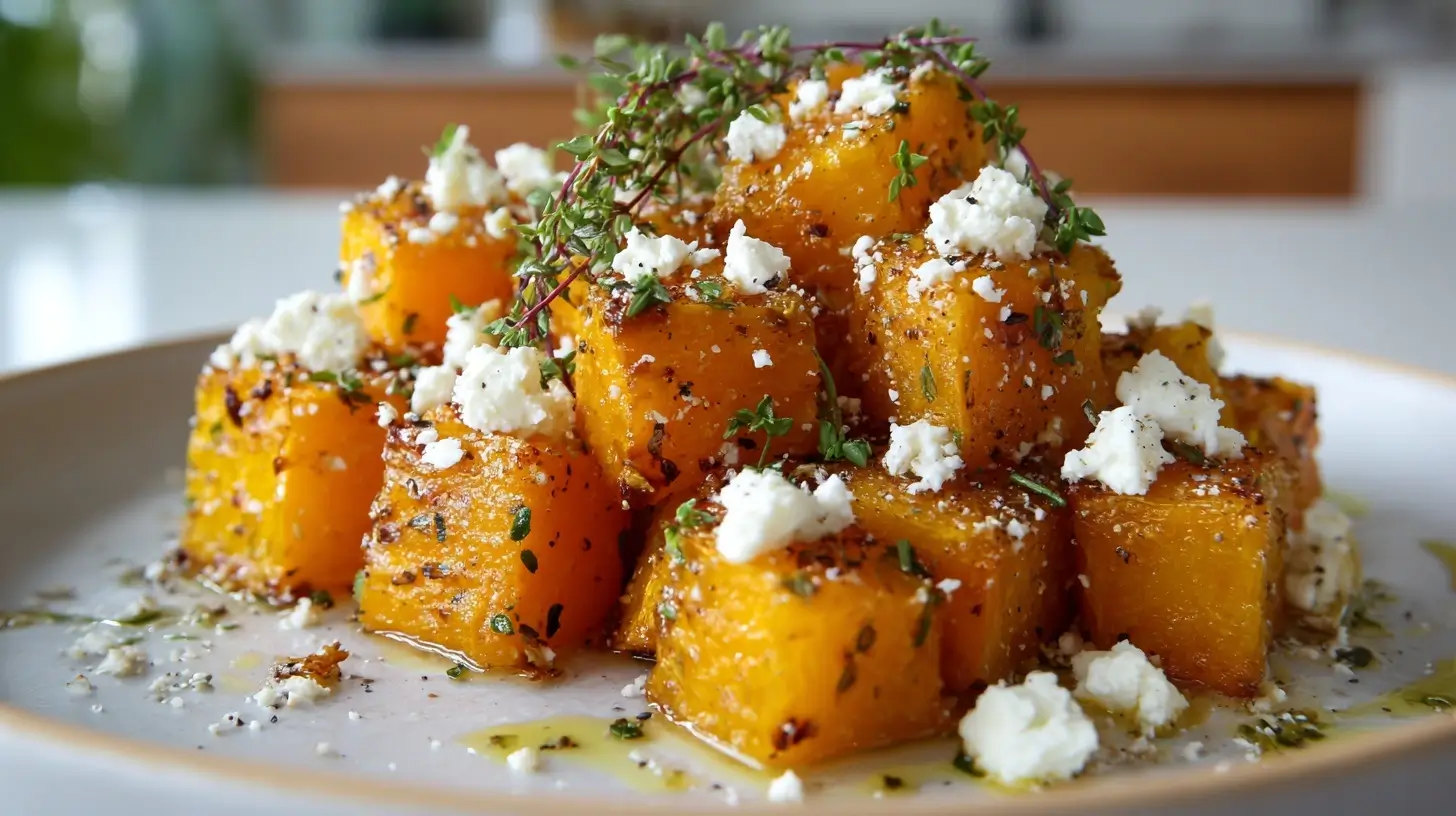 Leckerer Kürbis mit Feta aus der Heißluftfritteuse, perfekt gebräunt und aromatisch.