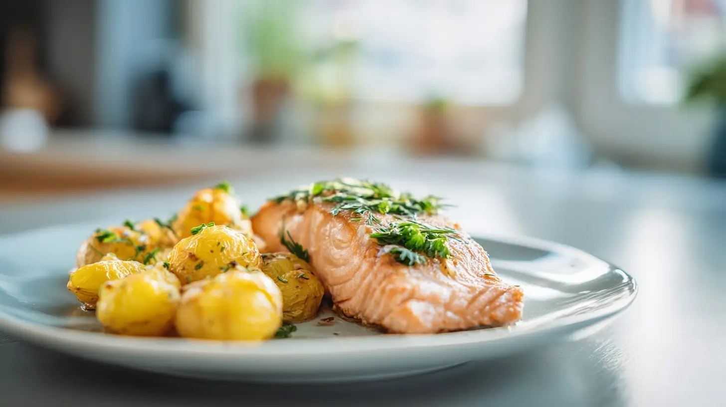 Saftiges Lachsfilet mit knusprigen Kartoffeln zubereitet in der Heißluftfritteuse.
