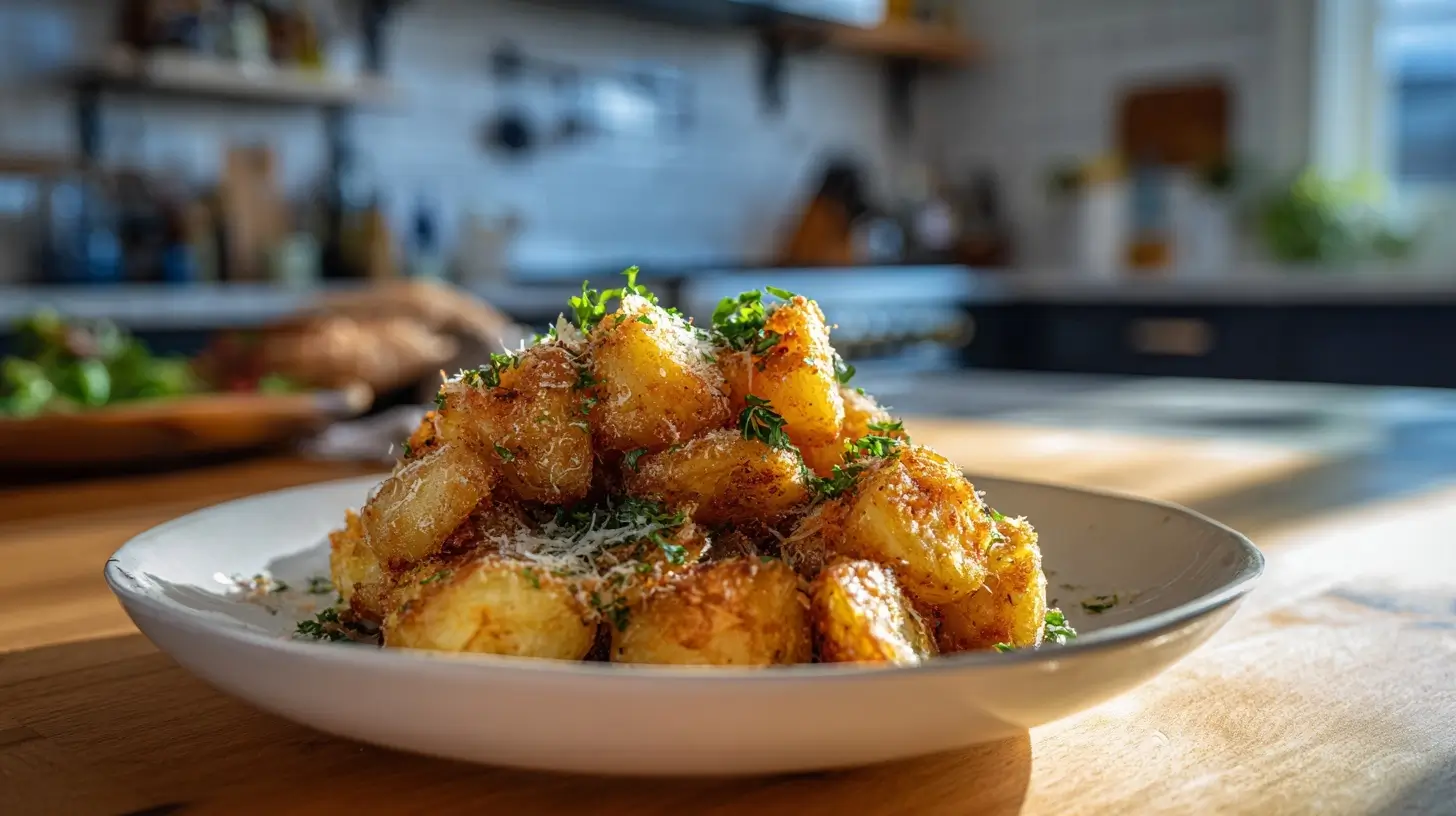 Crispy Parmesan Kartoffeln, perfekt zubereitet in der Heißluftfritteuse für ein gesundes Gericht.
