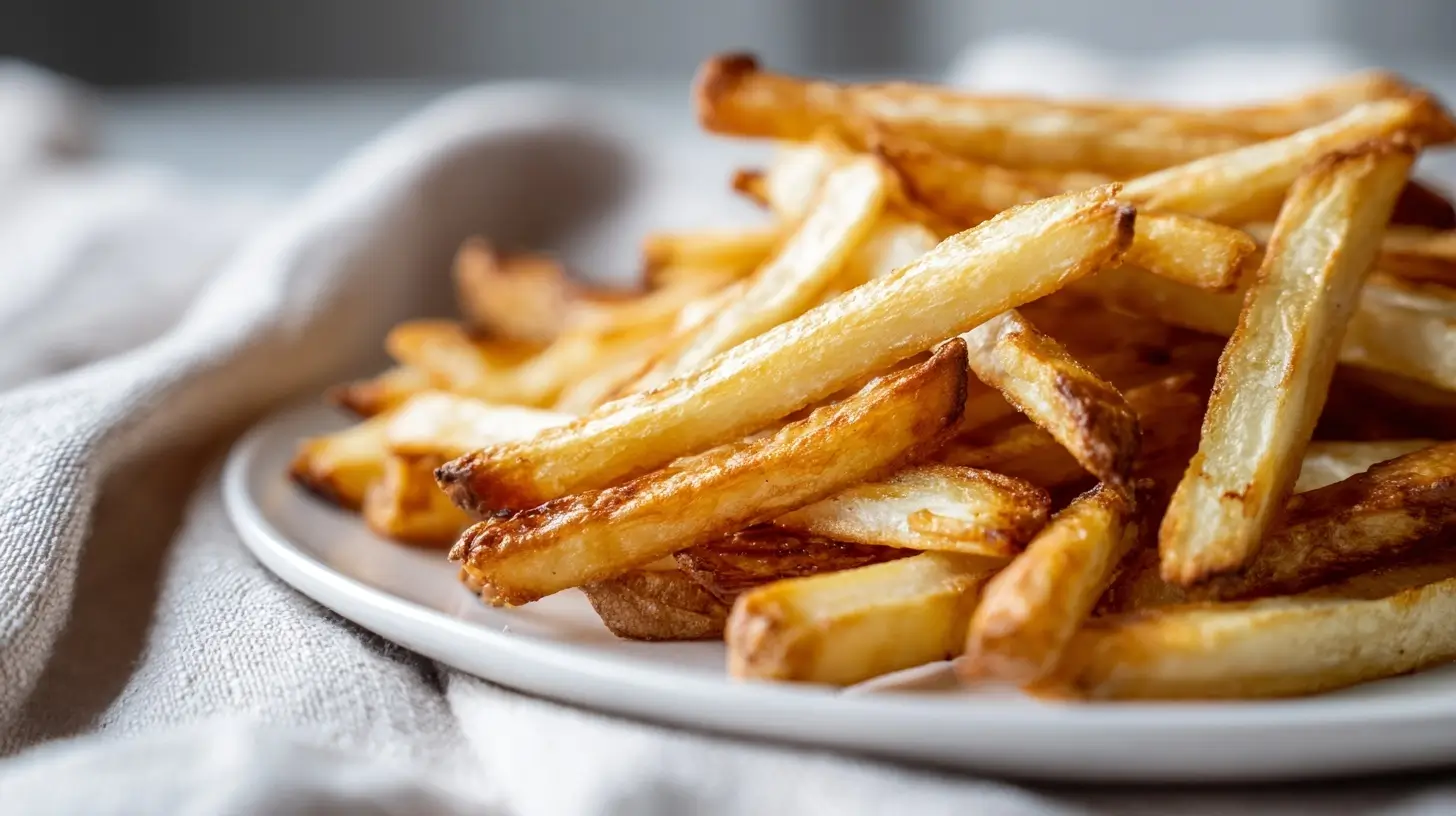 Leckere Pastinaken Pommes, knusprig aus der Heißluftfritteuse zubereitet.