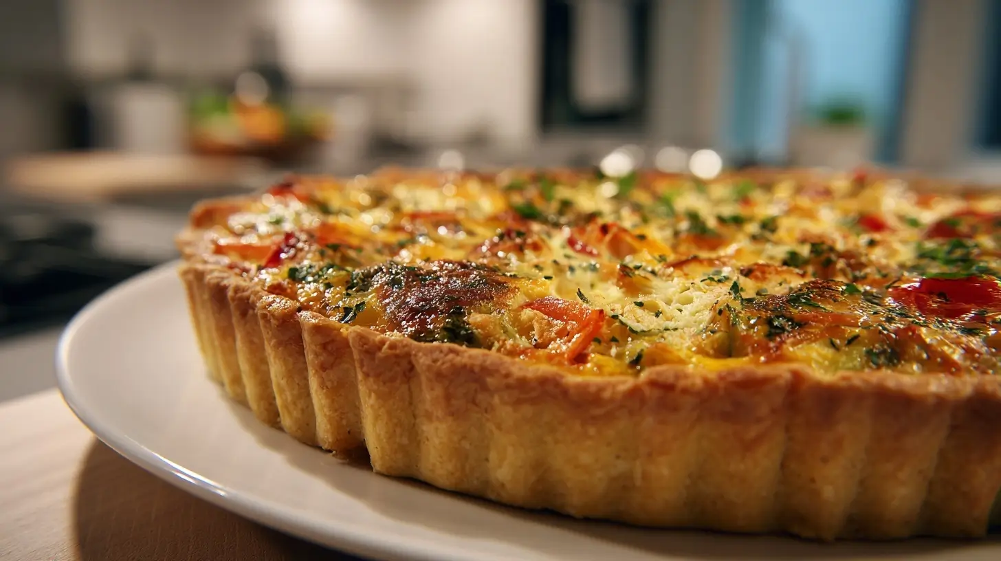 Leckere Quiche, perfekt zubereitet in der Heißluftfritteuse mit goldenem Teig.