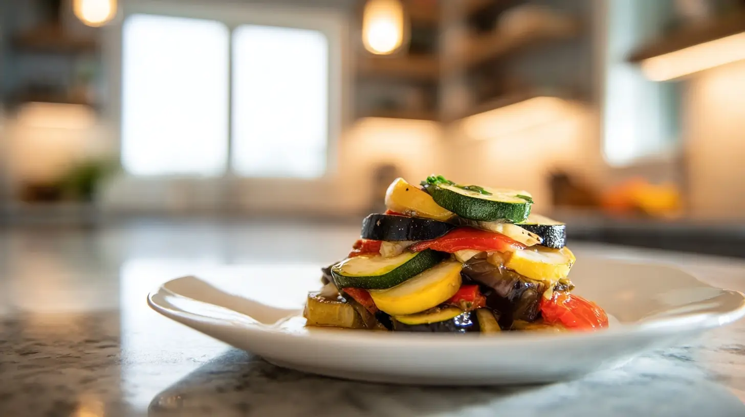 Buntes Ratatouille aus der Heißluftfritteuse mit frischem Gemüse und mediterranen Aromen.