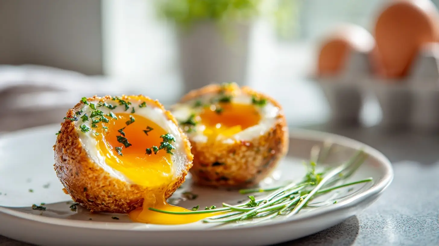 Leckere Schottische Eier aus der Heißluftfritteuse, perfekt knusprig und goldbraun.