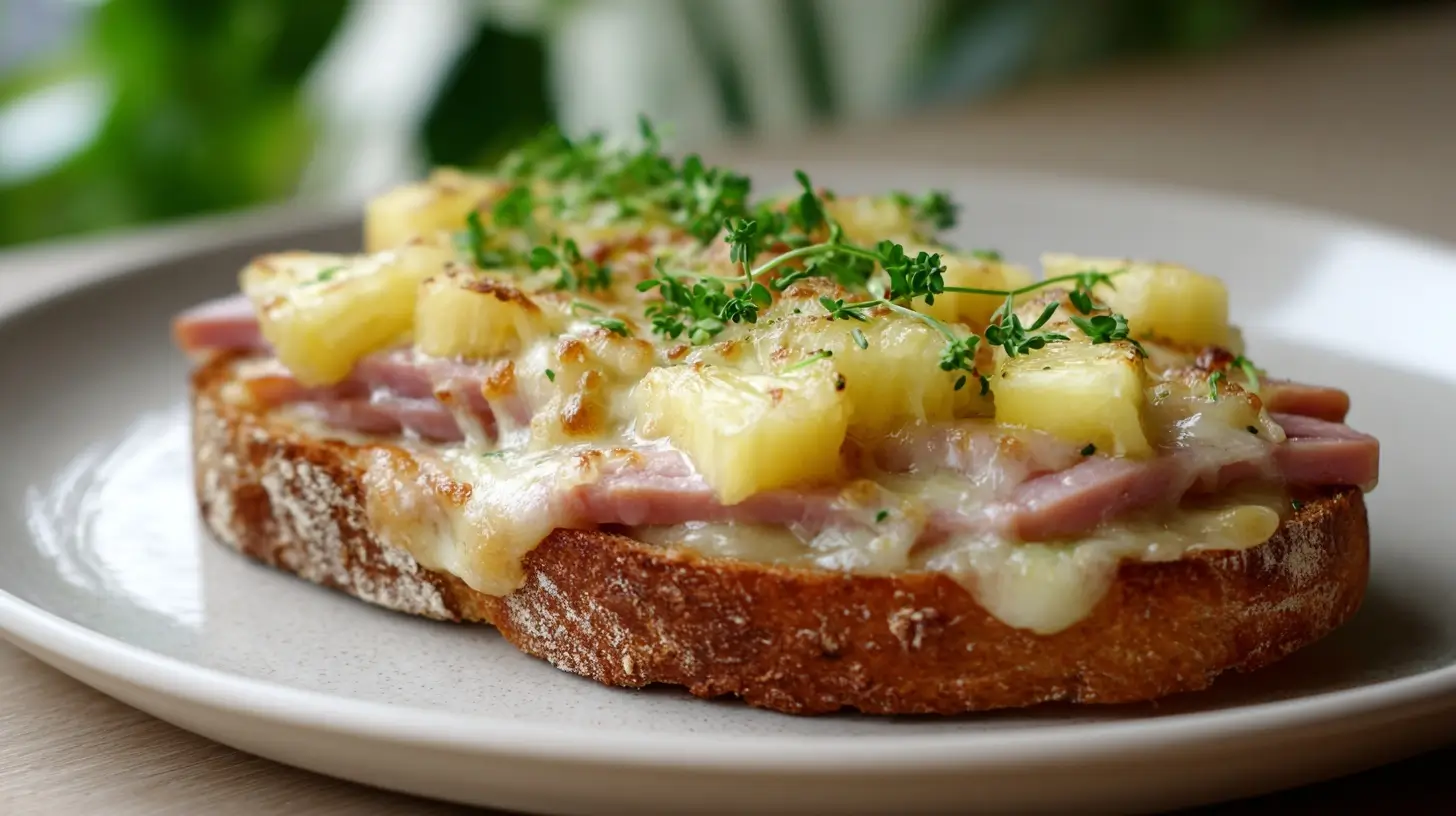 Leckeres Toast Hawaii aus der Heißluftfritteuse mit geschmolzenem Käse und saftigem Ananas.