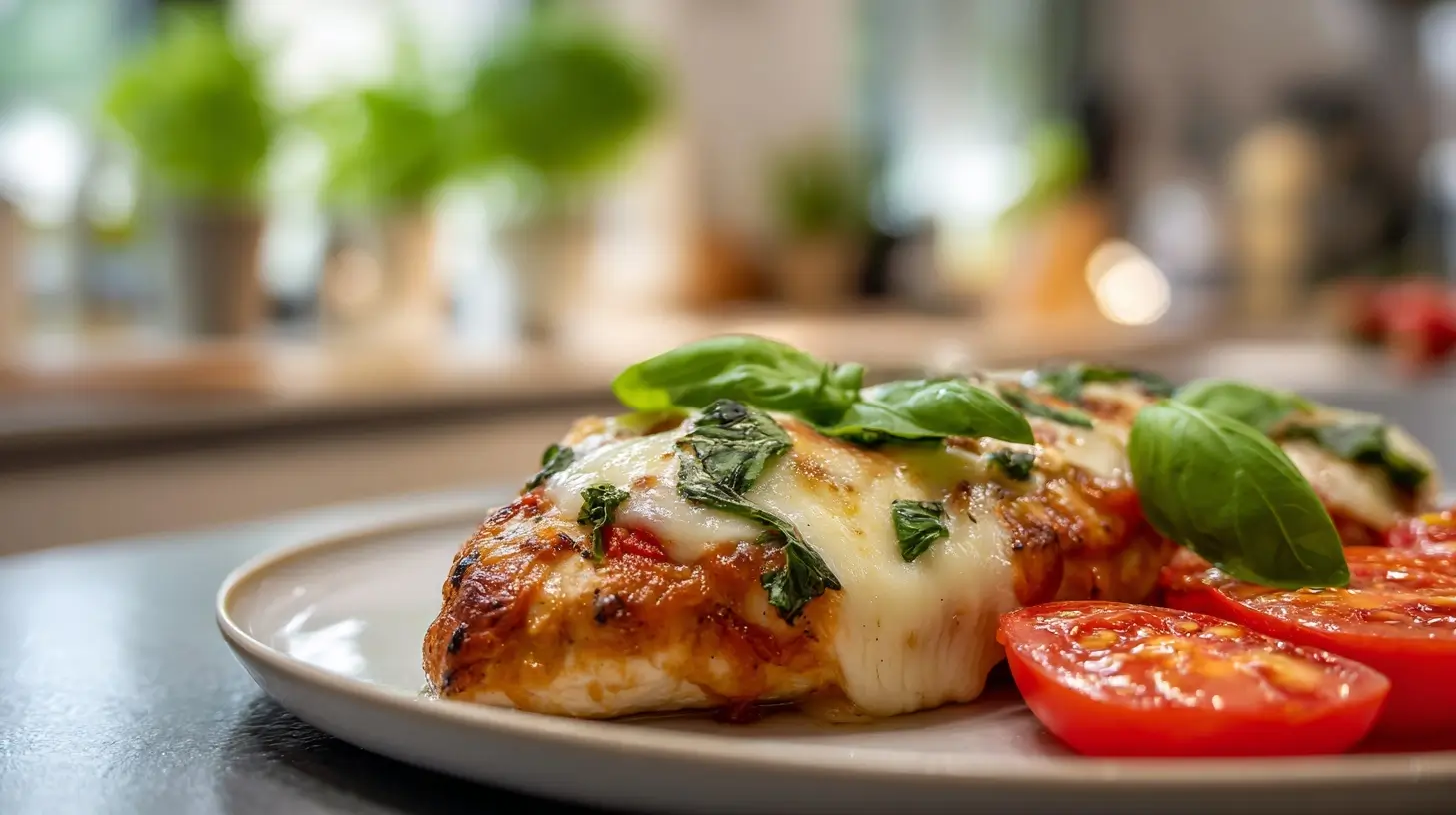 Delikates Tomaten-Mozzarella-Hähnchen aus der Heißluftfritteuse, perfekt gegart und saftig.