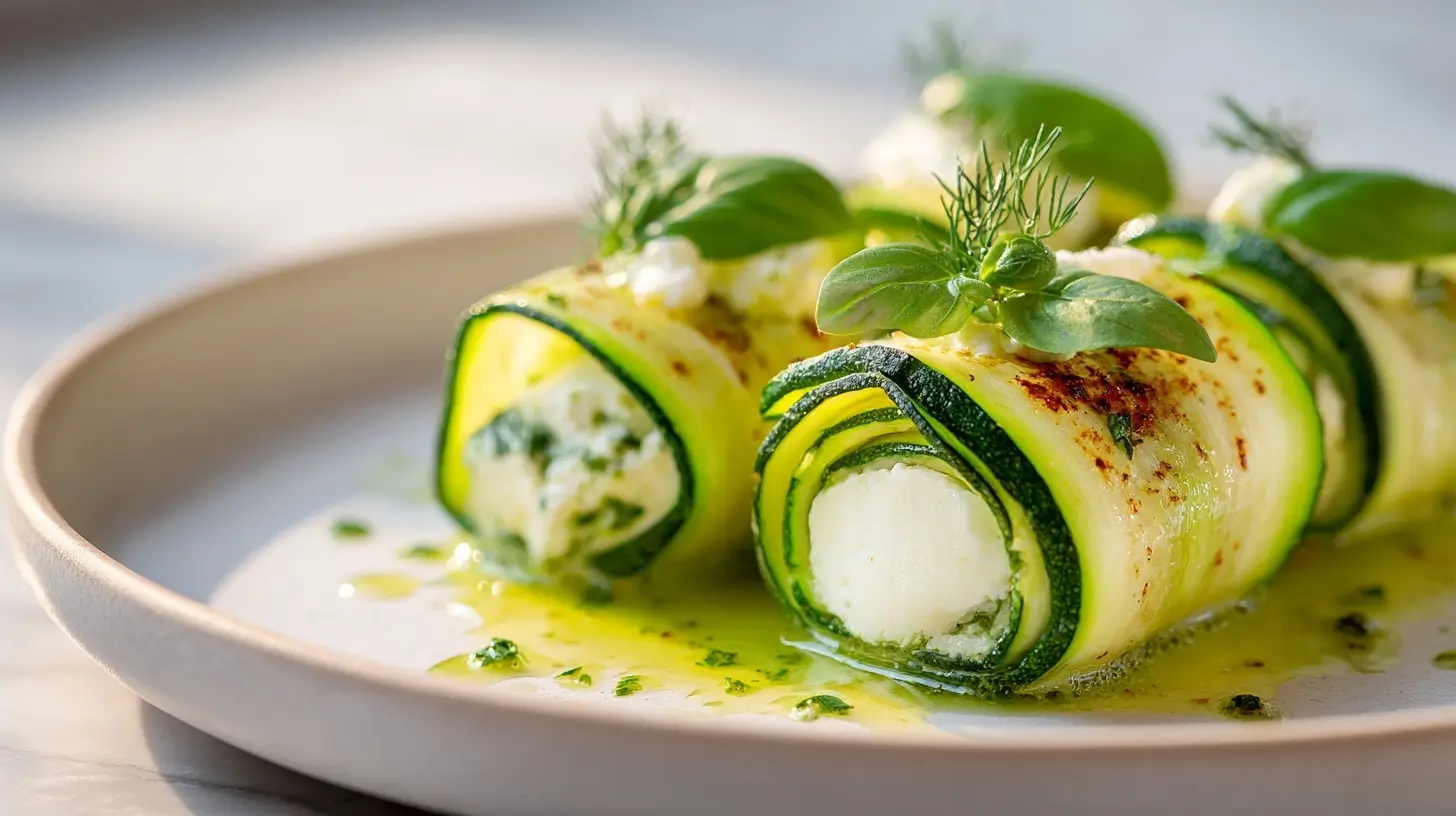 Leckere Zucchiniröllchen aus der Heißluftfritteuse, gefüllt mit kräutriger Ricotta.