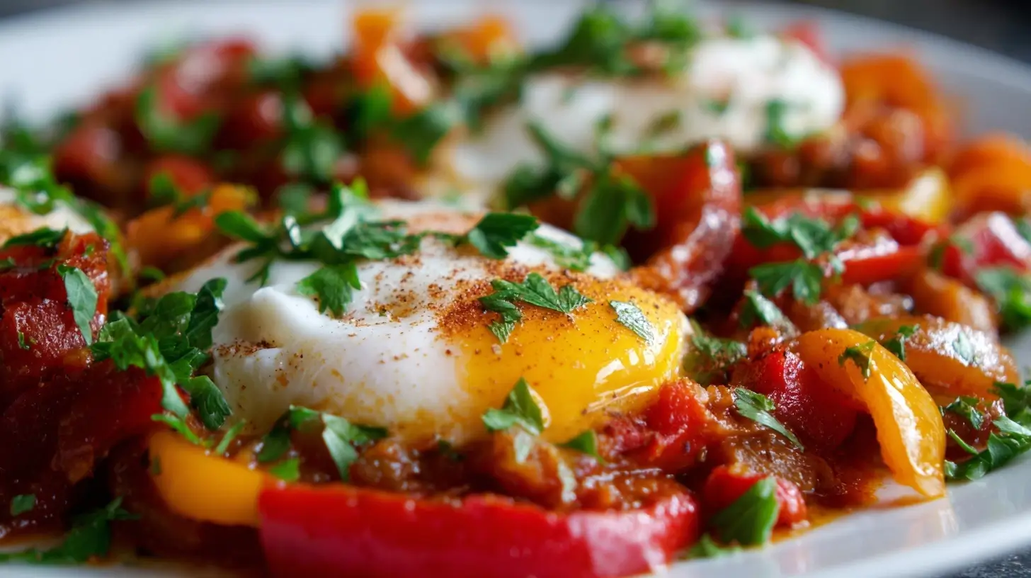 Leckere Airfryer Shakshuka mit frischen Eiern und Gewürzen für ein perfektes Frühstück.