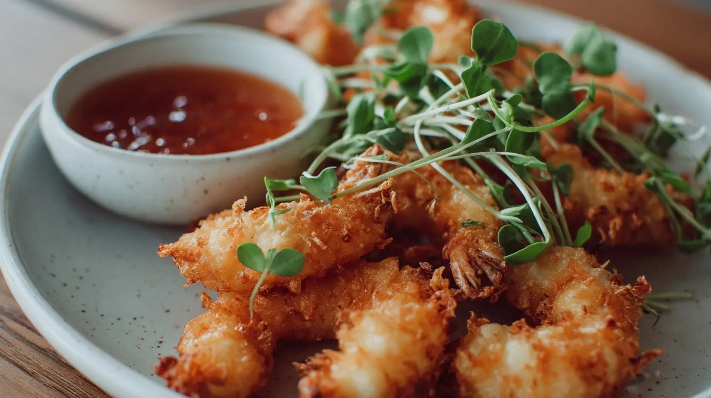 Krosse Tempura-Garnelen aus der Heißluftfritteuse, ideal für ein schnelles und leckeres Abendessen.