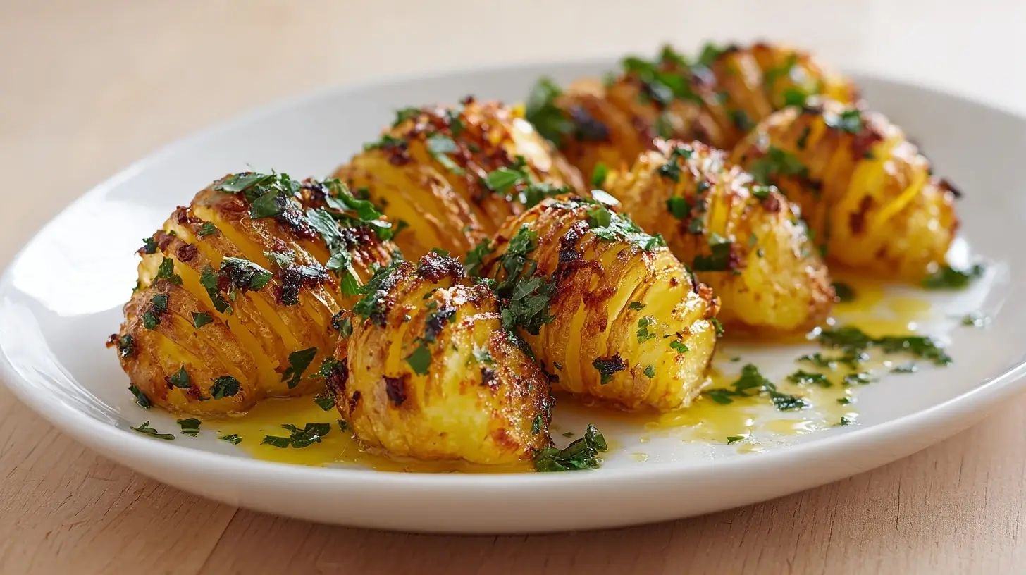 Krumme, goldene Hasselback Kartoffeln, perfekt zubereitet in der Heißluftfritteuse.